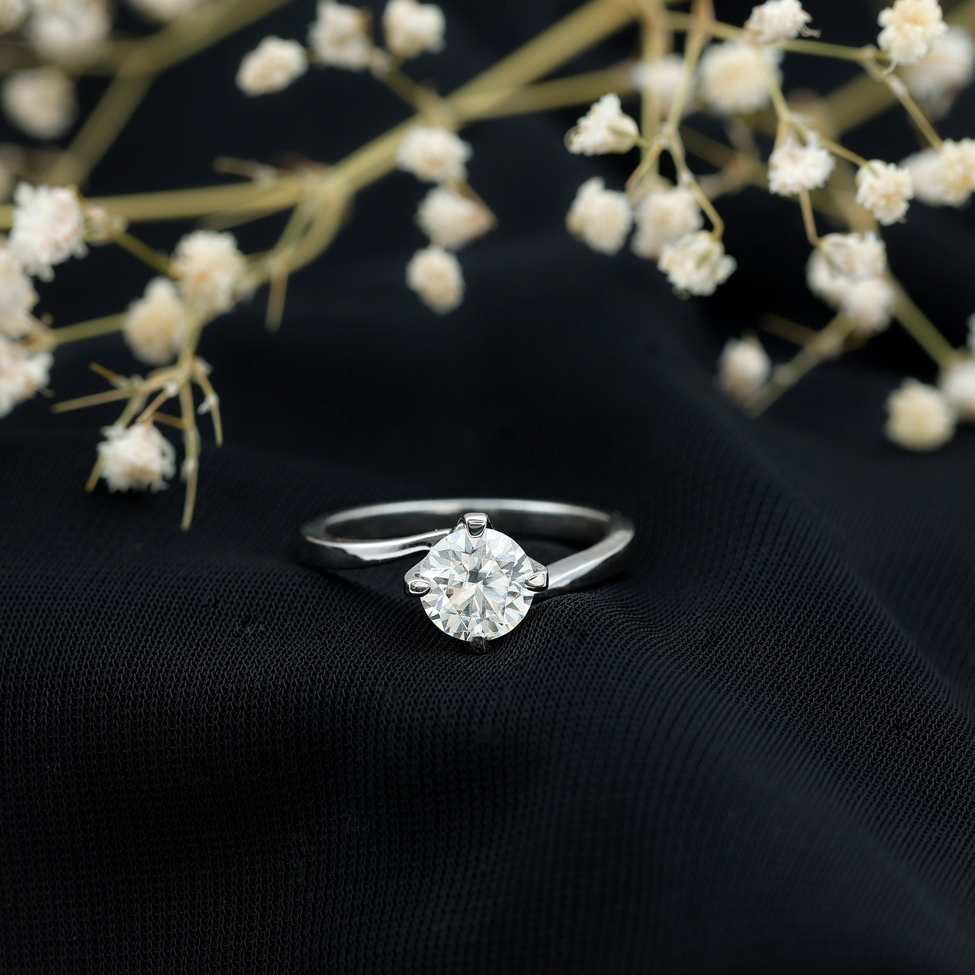 Certified Moissanite Solitaire Engagement Ring in Bypass Shank D-VS1 - Rosec Jewels
