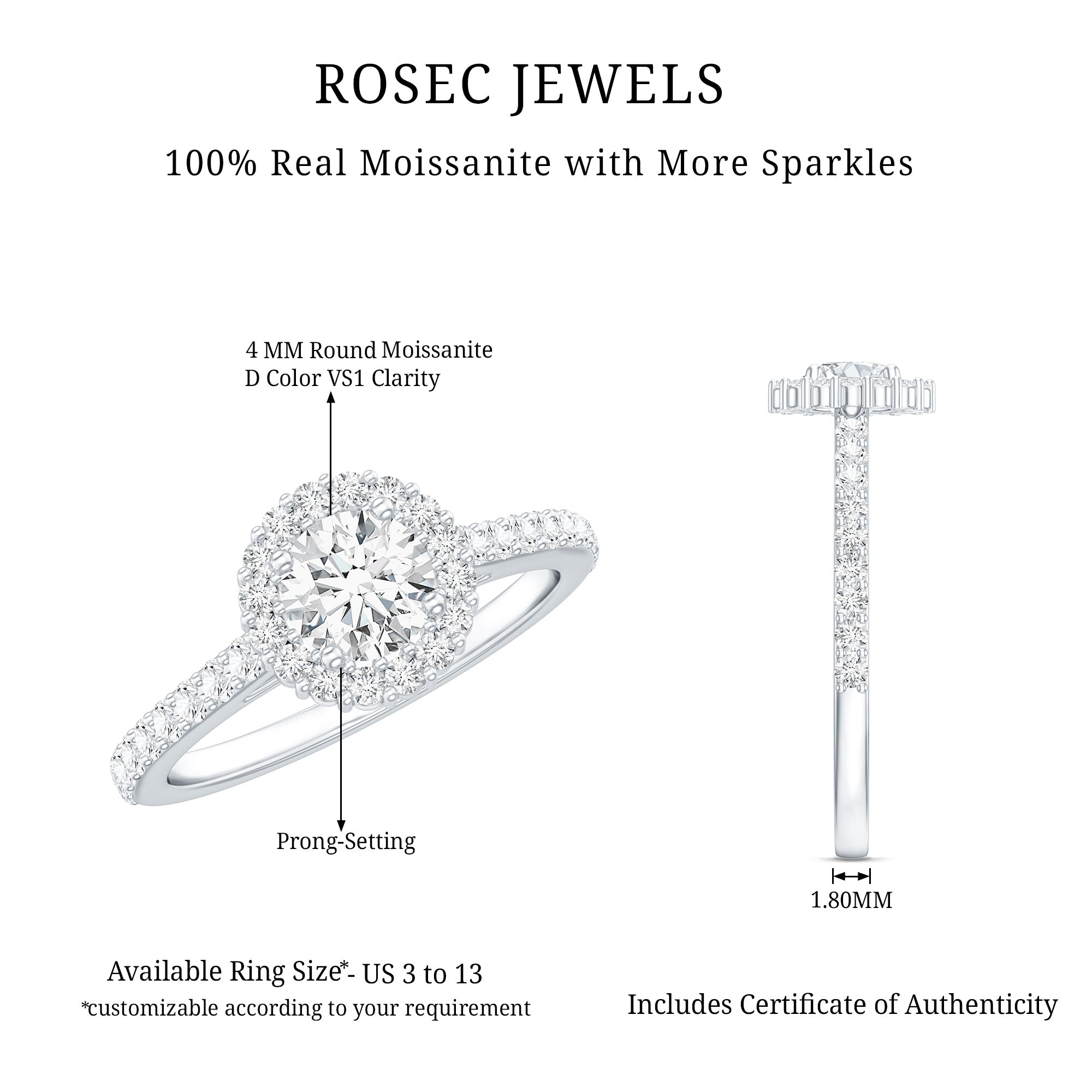 Classic Moissanite Halo Engagement Ring D-VS1 - Rosec Jewels