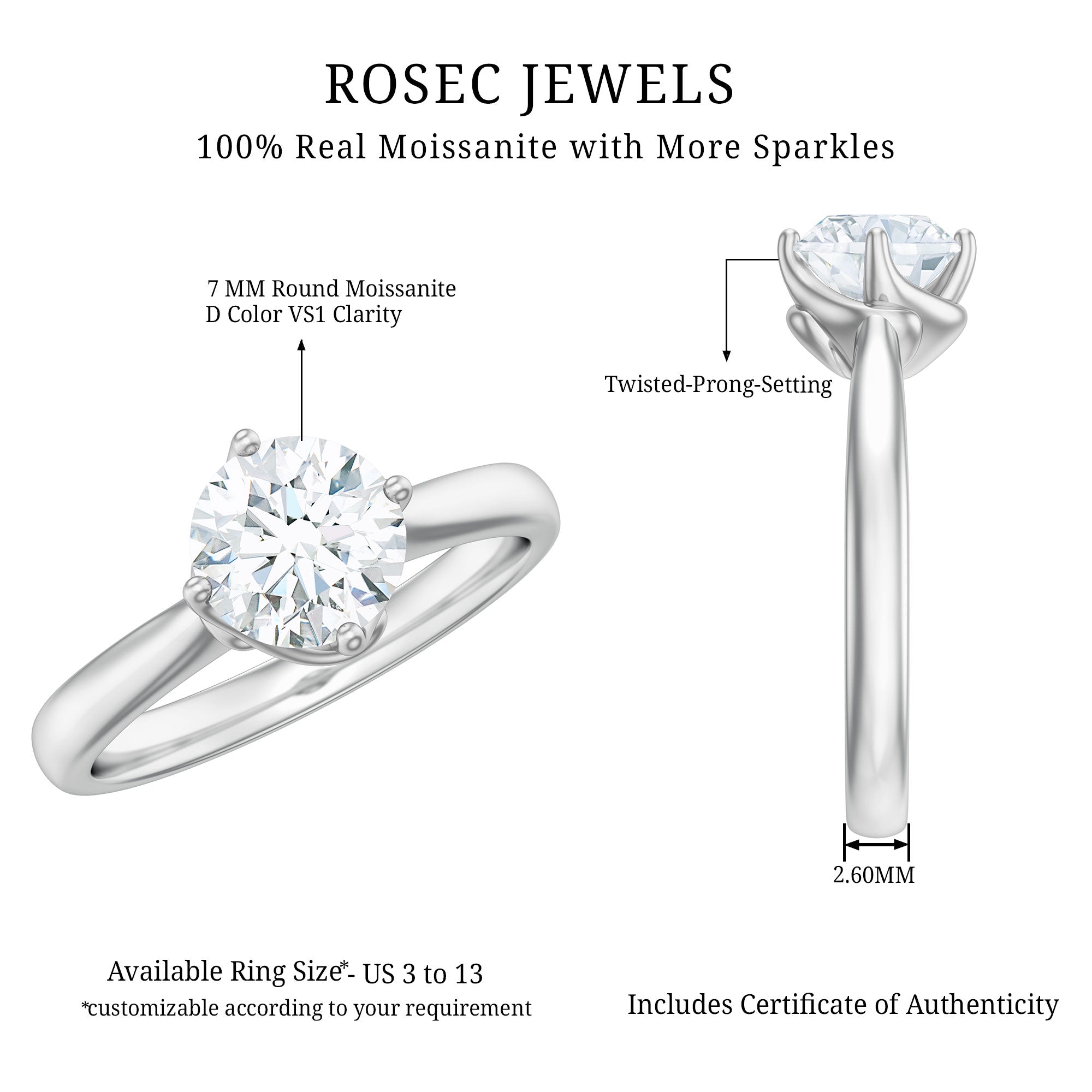 Twisted Prong Set Solitaire Moissanite Engagement Ring with Certificate D-VS1 - Rosec Jewels