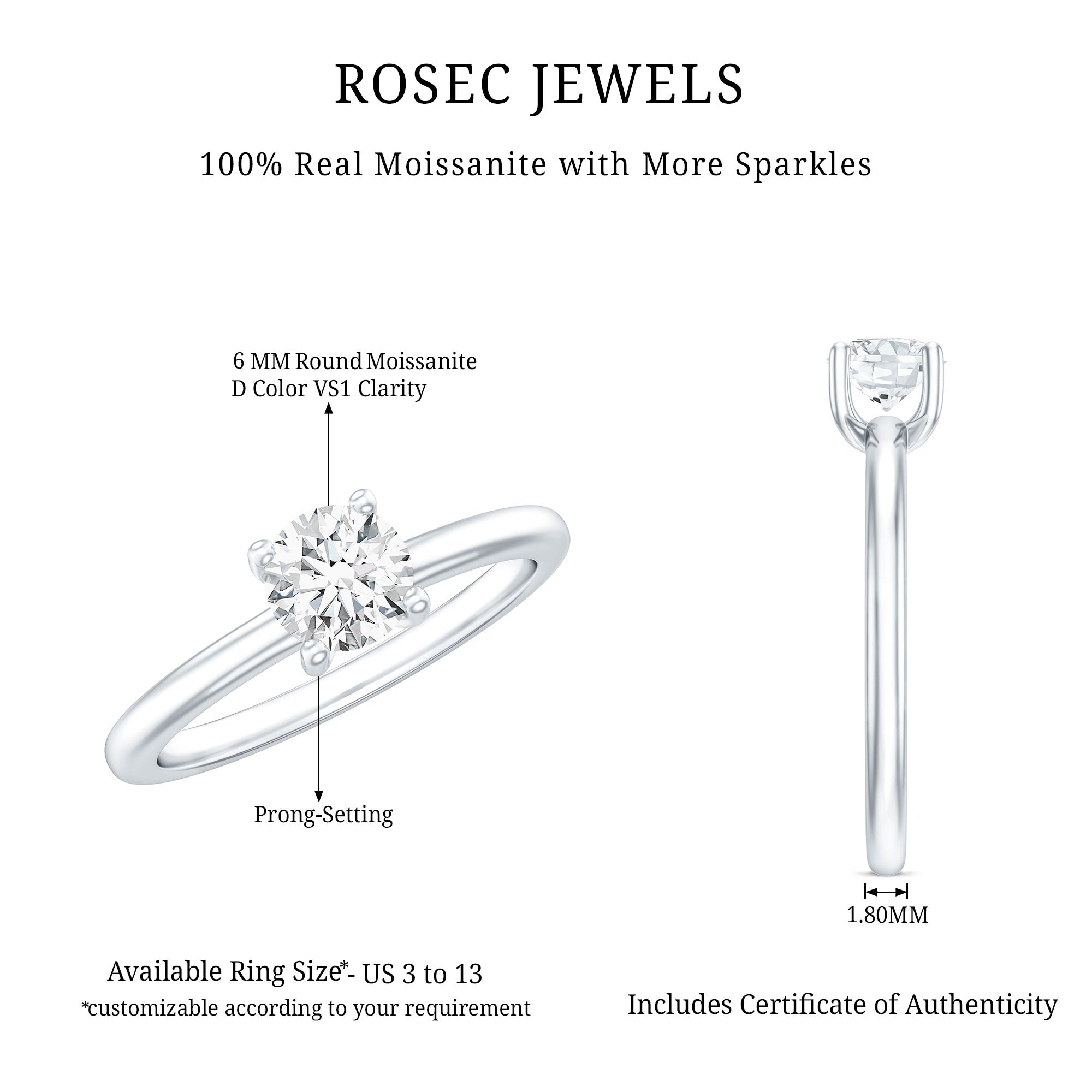 Certified 6 MM Moissanite Solitaire Promise Ring for Her D-VS1 - Rosec Jewels