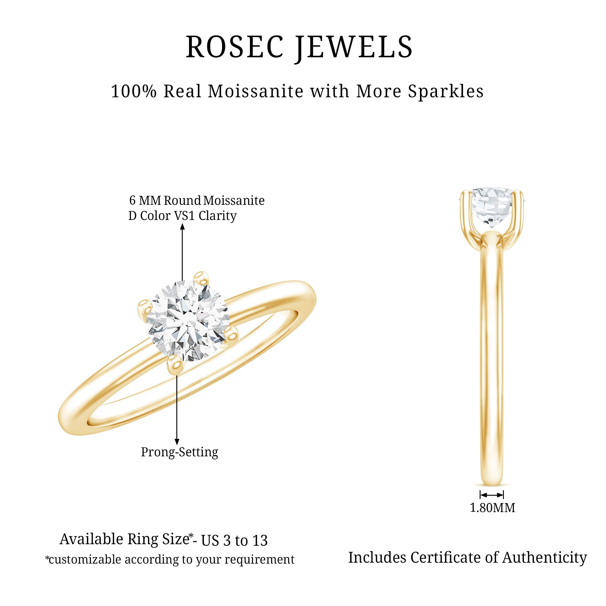 Certified 6 MM Moissanite Solitaire Promise Ring for Her D-VS1 - Rosec Jewels