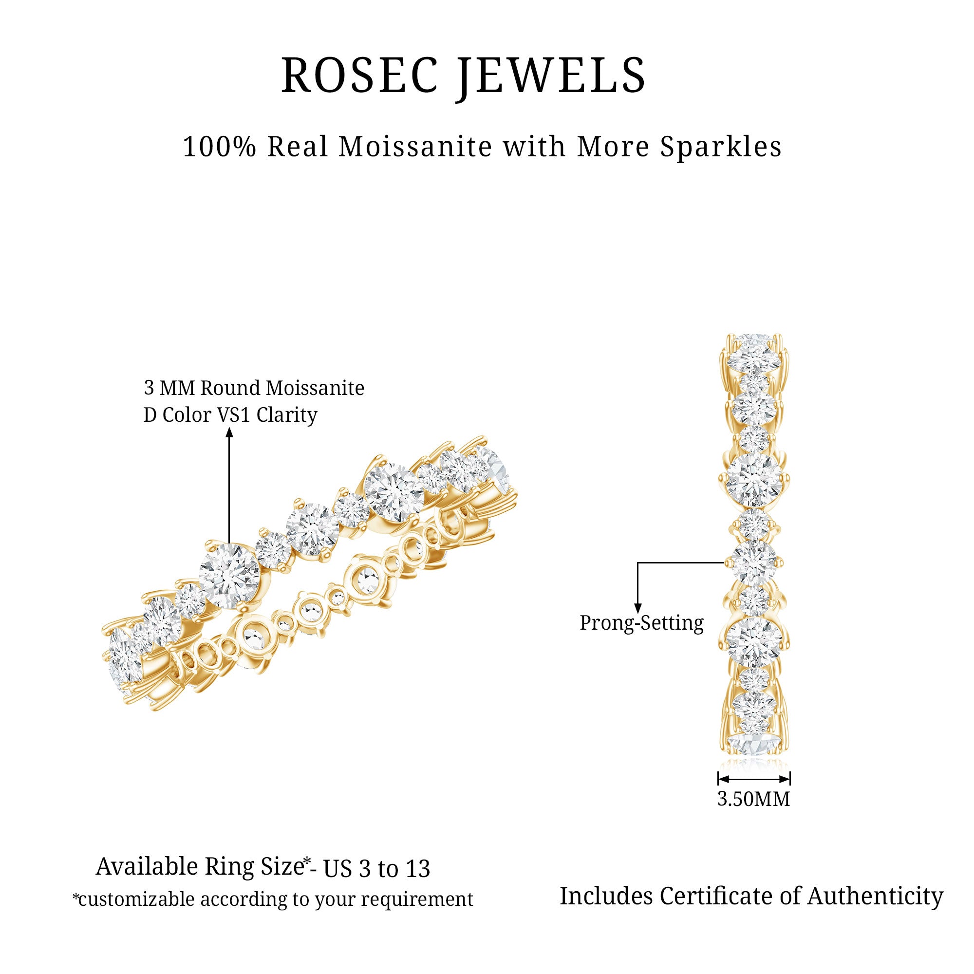 Rosec Jewels-Round Certified Moissanite Stackable Eternity Ring For Women