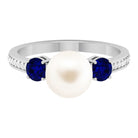 Rosec Jewels-White Pearl and Sapphire 3 Stone Engagement Ring with Diamond