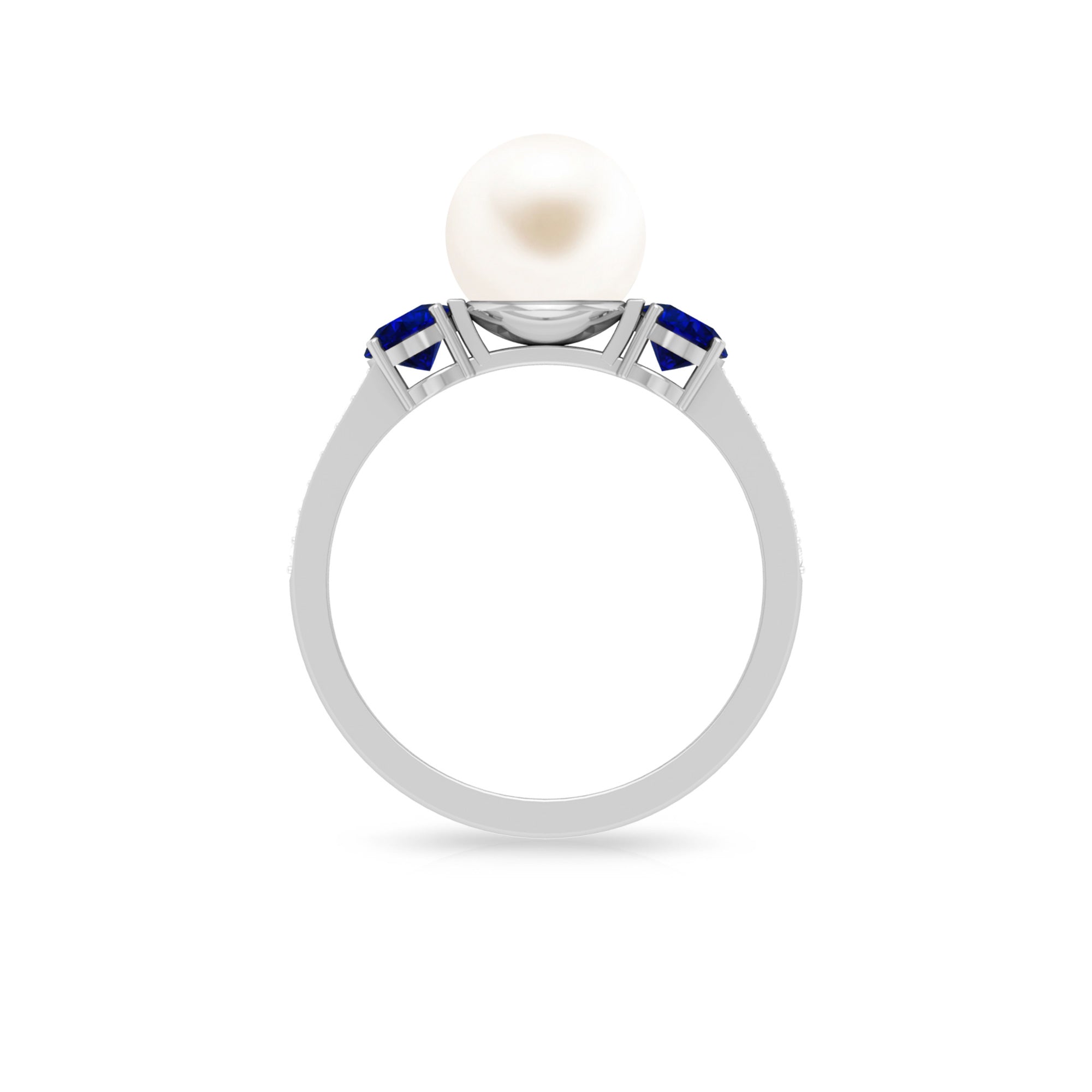 Rosec Jewels-White Pearl and Sapphire 3 Stone Engagement Ring with Diamond