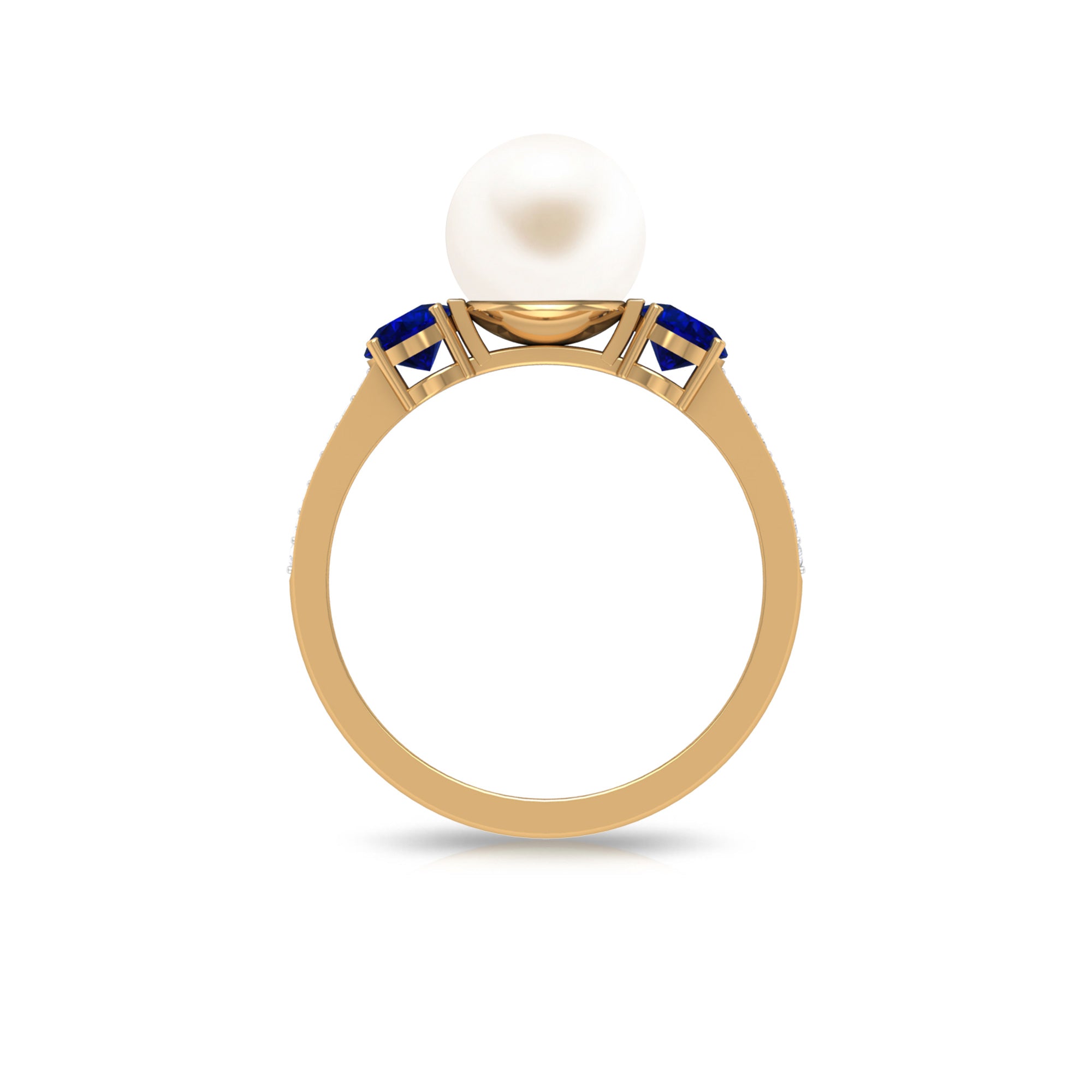 Rosec Jewels-White Pearl and Sapphire 3 Stone Engagement Ring with Diamond