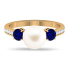 Rosec Jewels-White Pearl and Sapphire 3 Stone Engagement Ring with Diamond