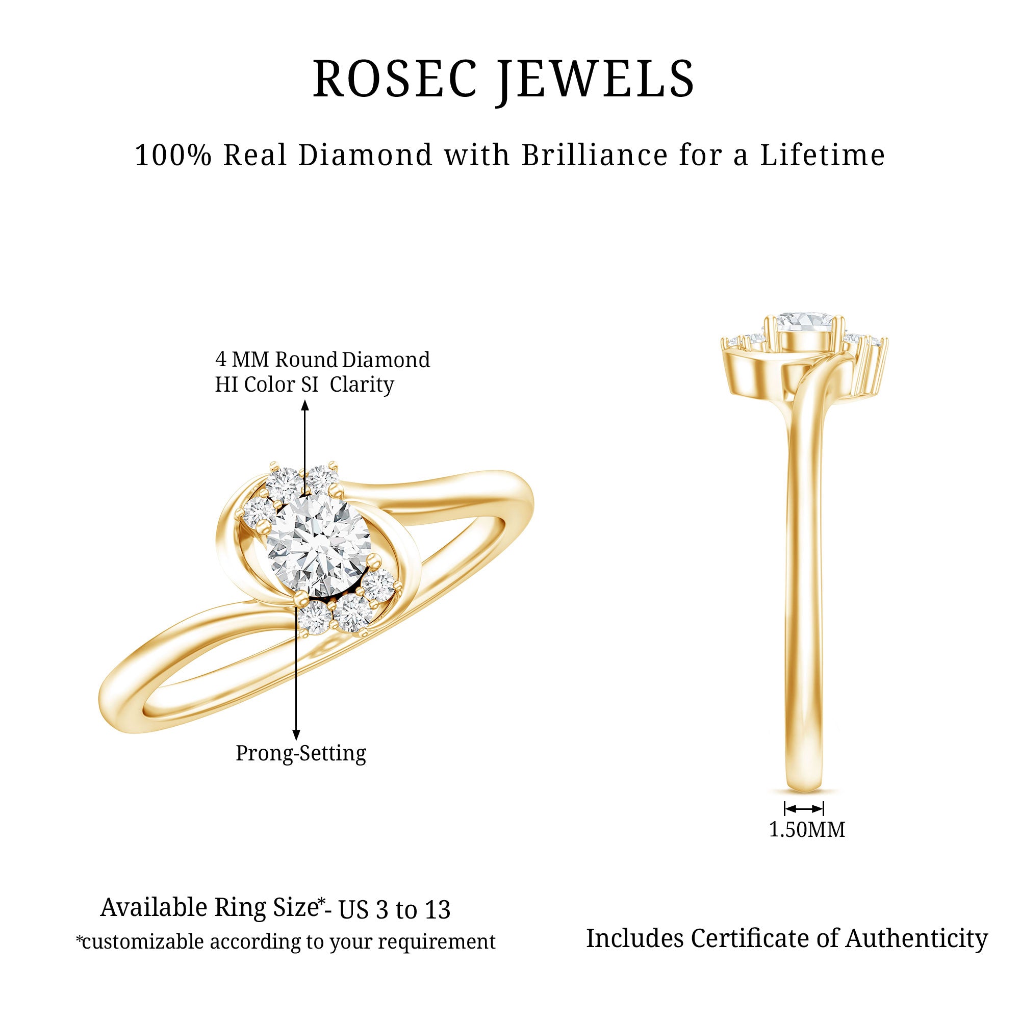 Certified Real Diamond Promise Ring with Bypass Shank Natural - ( HI-SI ) - Rosec Jewels