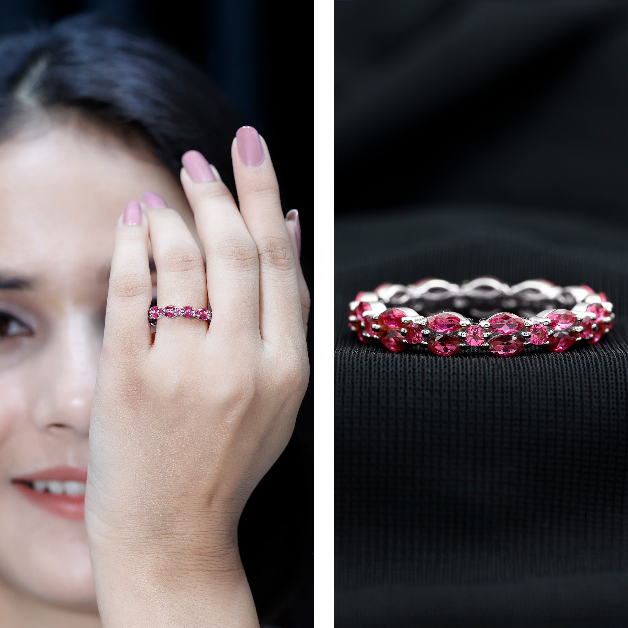 Rosec Jewels-Marquise and Round Cut Created Ruby Contemporary Eternity Ring