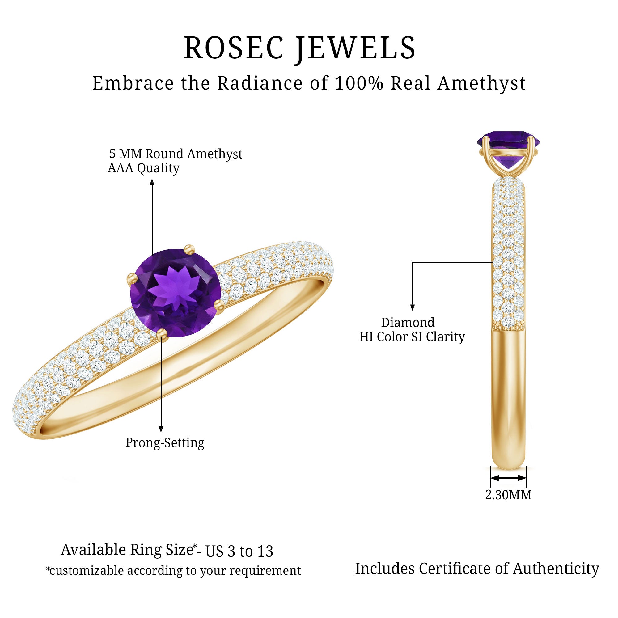 Natural Amethyst Engagement Ring with Diamond for Women AAA - Rosec Jewels