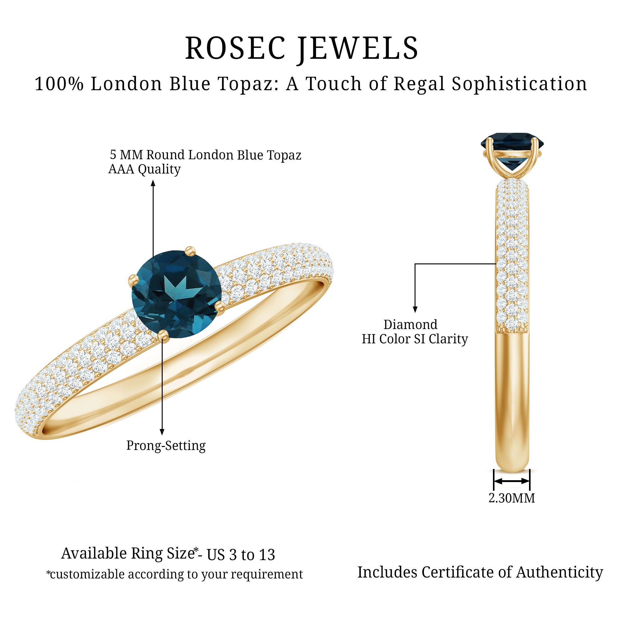 5mm London Blue Topaz Solitaire Promise Ring with Diamond AAA - Rosec Jewels