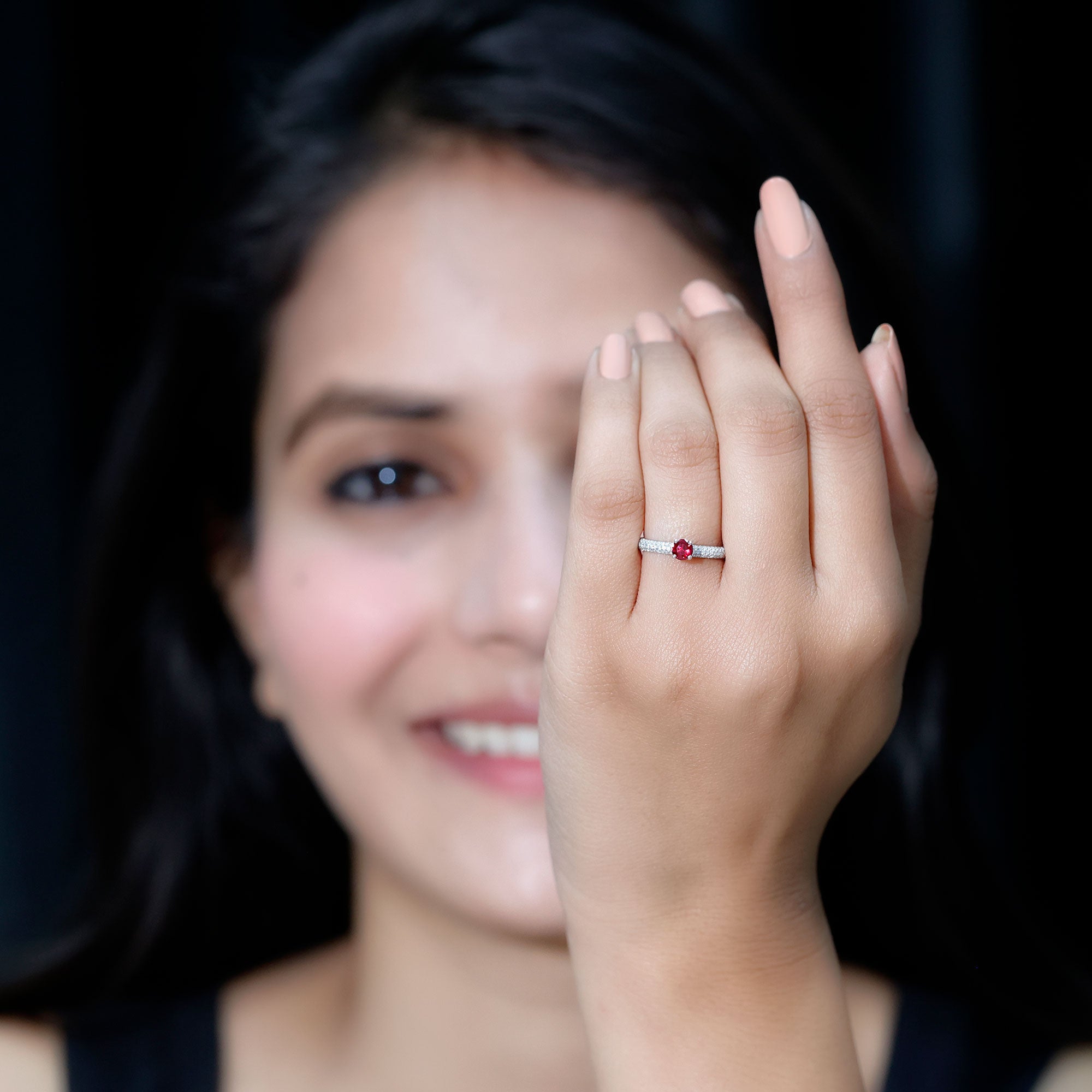 Rosec Jewels-Lab Created Ruby Solitaire Ring with Moissanite Side Stones