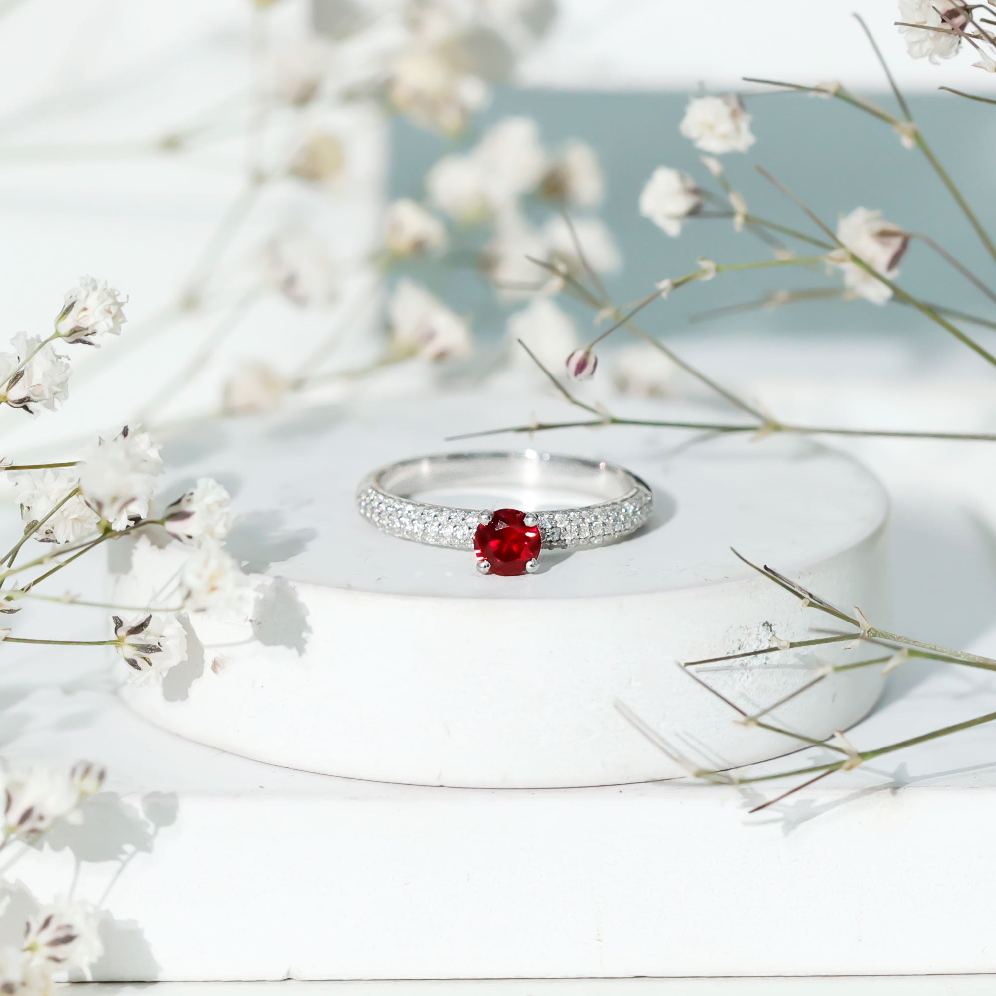 Rosec Jewels-Lab Created Ruby Solitaire Ring with Moissanite Side Stones