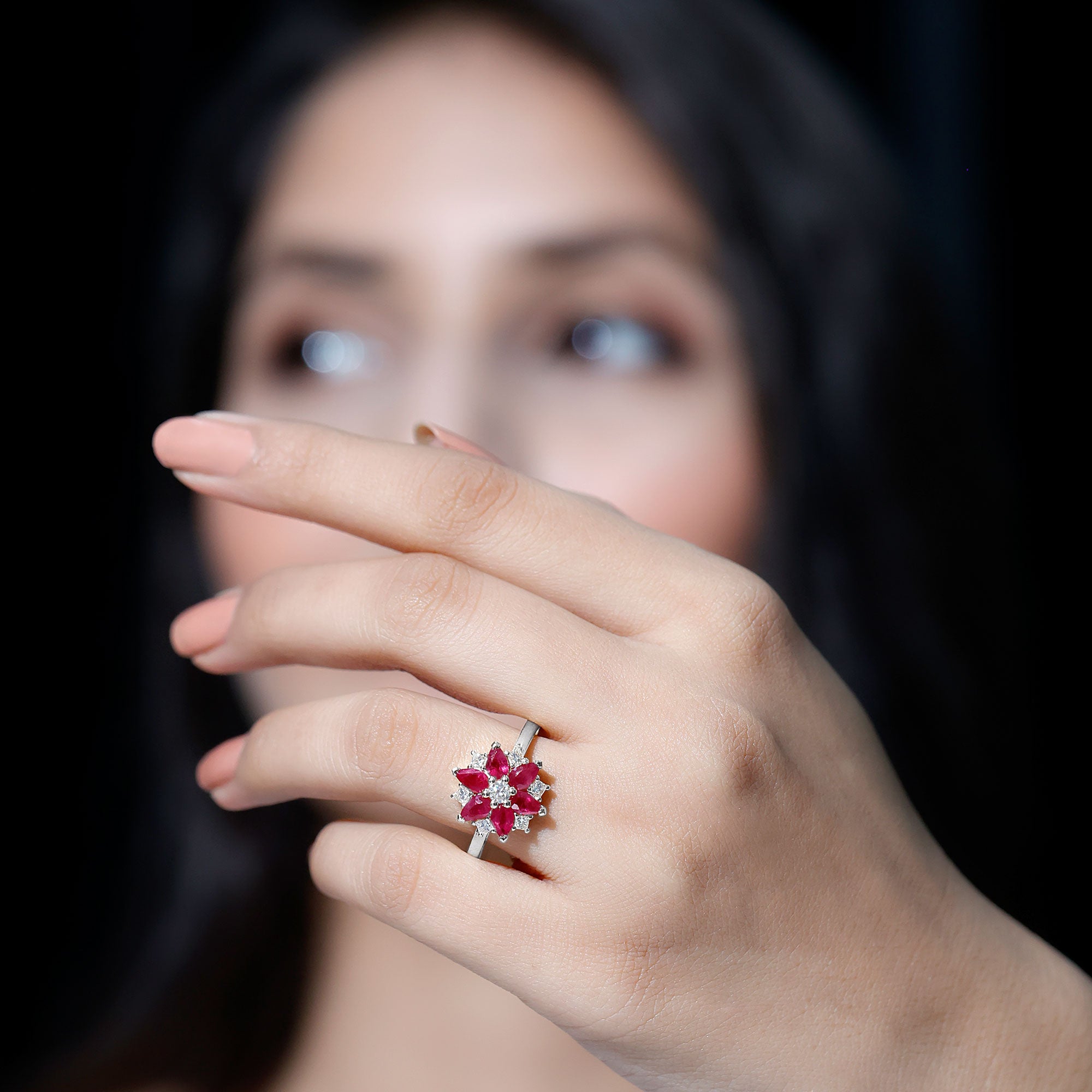Rosec Jewels-Natural 1.8 Carat Ruby Diamond Flower Engagement Ring for Women