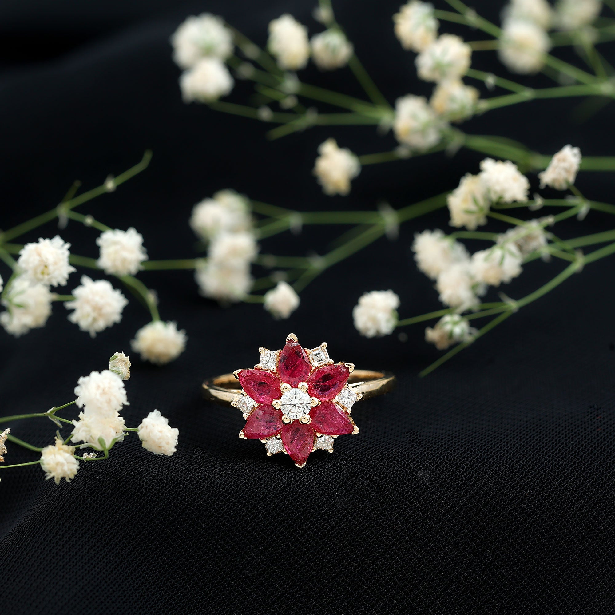 Rosec Jewels-Natural 1.8 Carat Ruby Diamond Flower Engagement Ring for Women