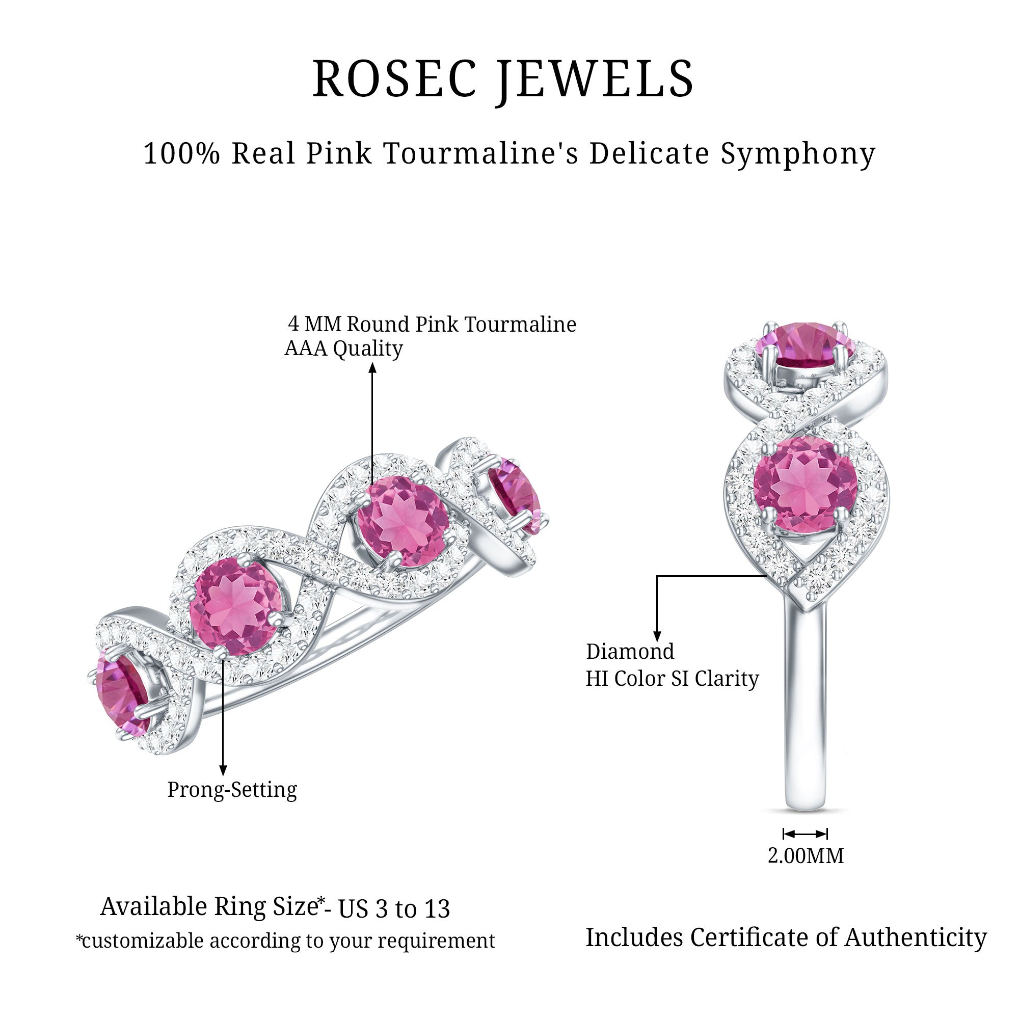 Pink Tourmaline Infinity Half Eternity Band Ring with Diamond AAA - Rosec Jewels