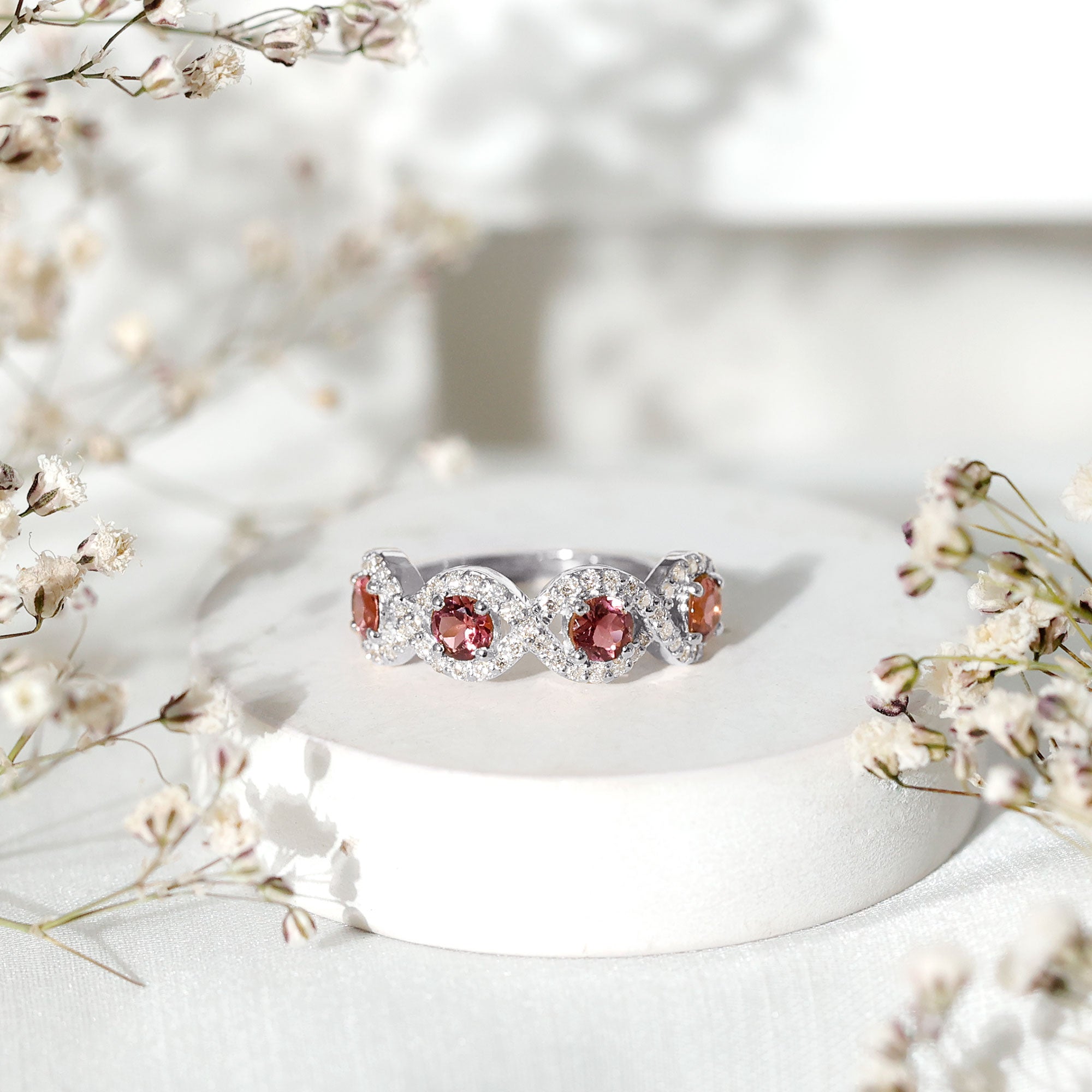 Pink Tourmaline Infinity Half Eternity Band Ring with Diamond AAA - Rosec Jewels