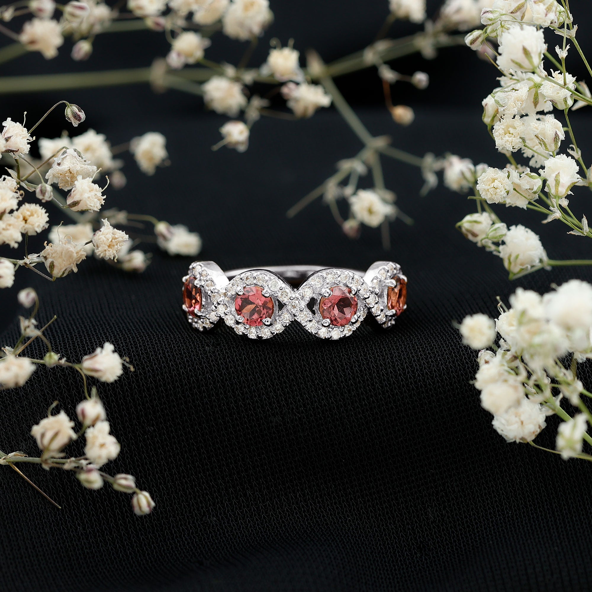 Pink Tourmaline Infinity Half Eternity Band Ring with Diamond AAA - Rosec Jewels