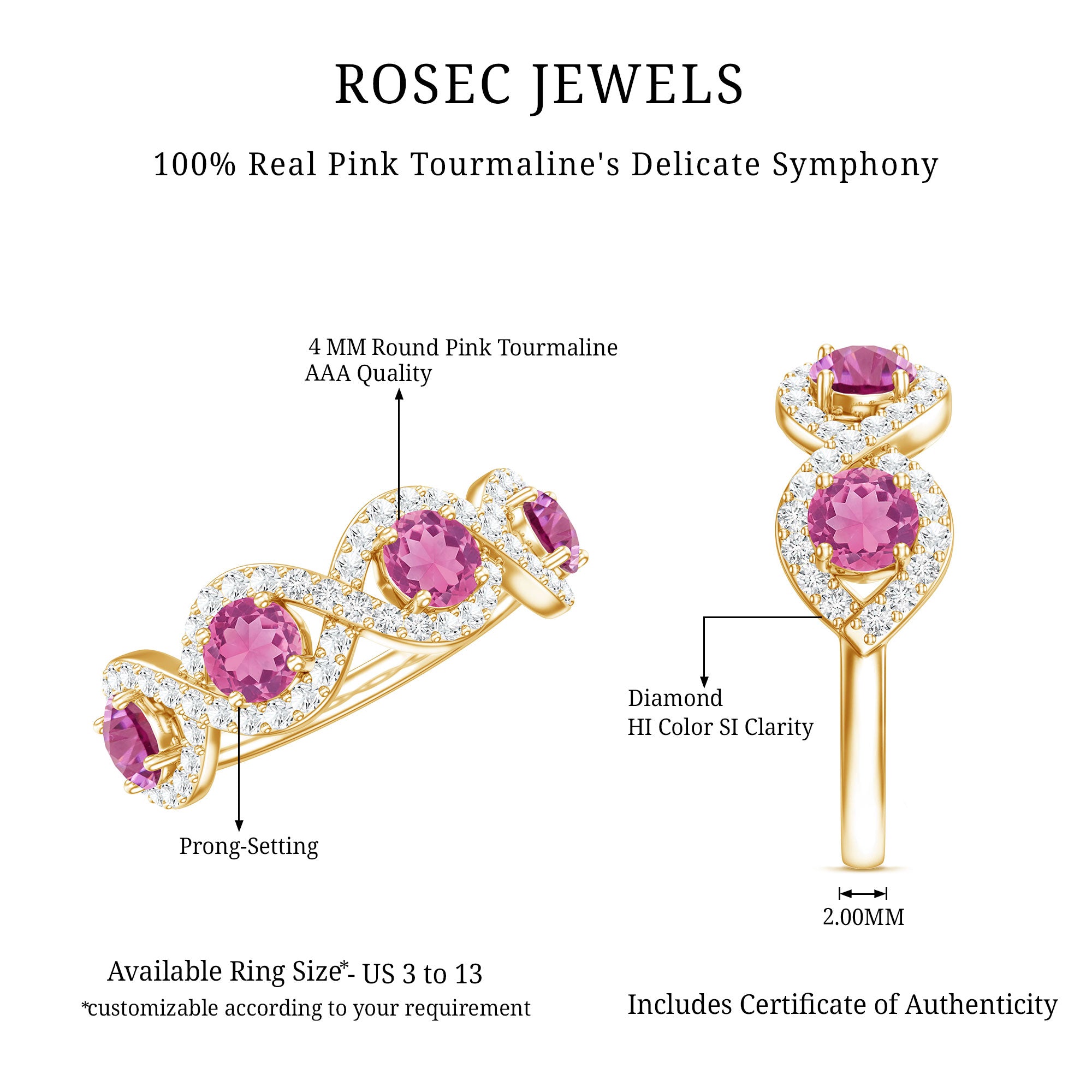 Pink Tourmaline Infinity Half Eternity Band Ring with Diamond AAA - Rosec Jewels