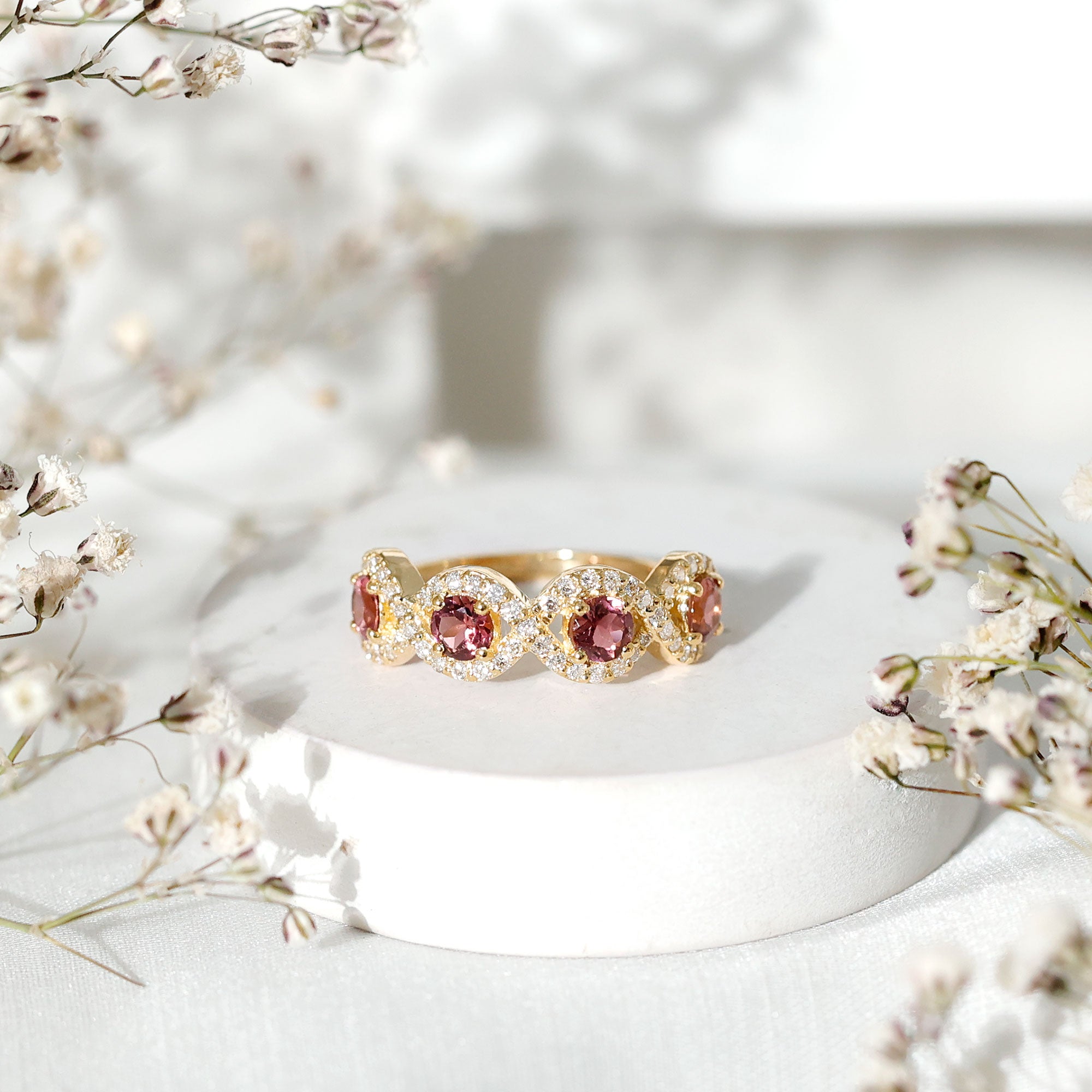 Pink Tourmaline Infinity Half Eternity Band Ring with Diamond AAA - Rosec Jewels