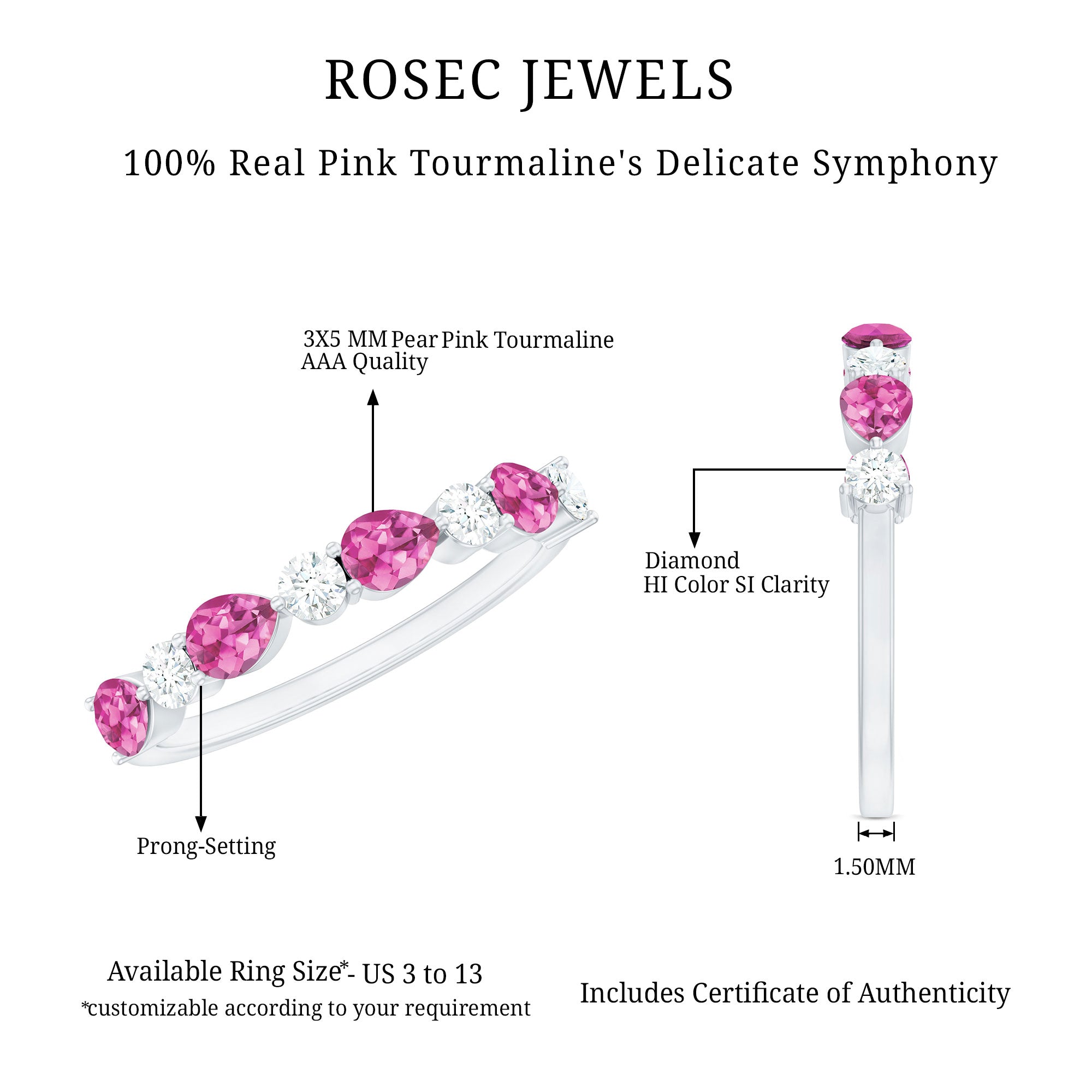 Rosec Jewels-Natural Pink Tourmaline and Diamond Wedding Band For Her