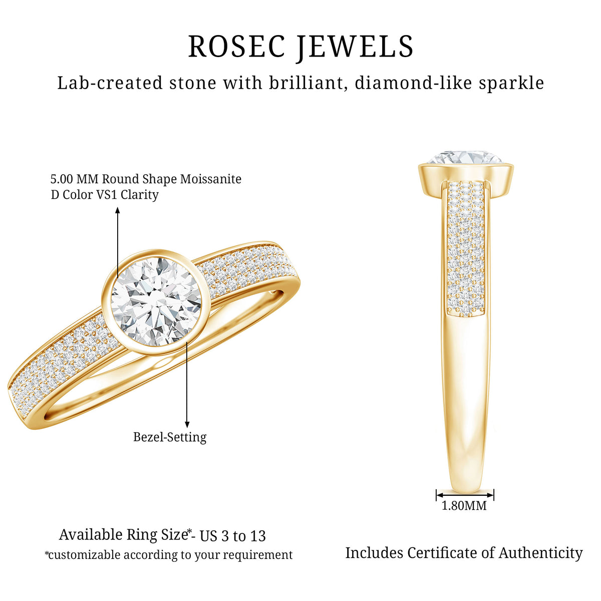 Bezel Set Moissanite Engagement Ring with Side Stones D-VS1 - Rosec Jewels