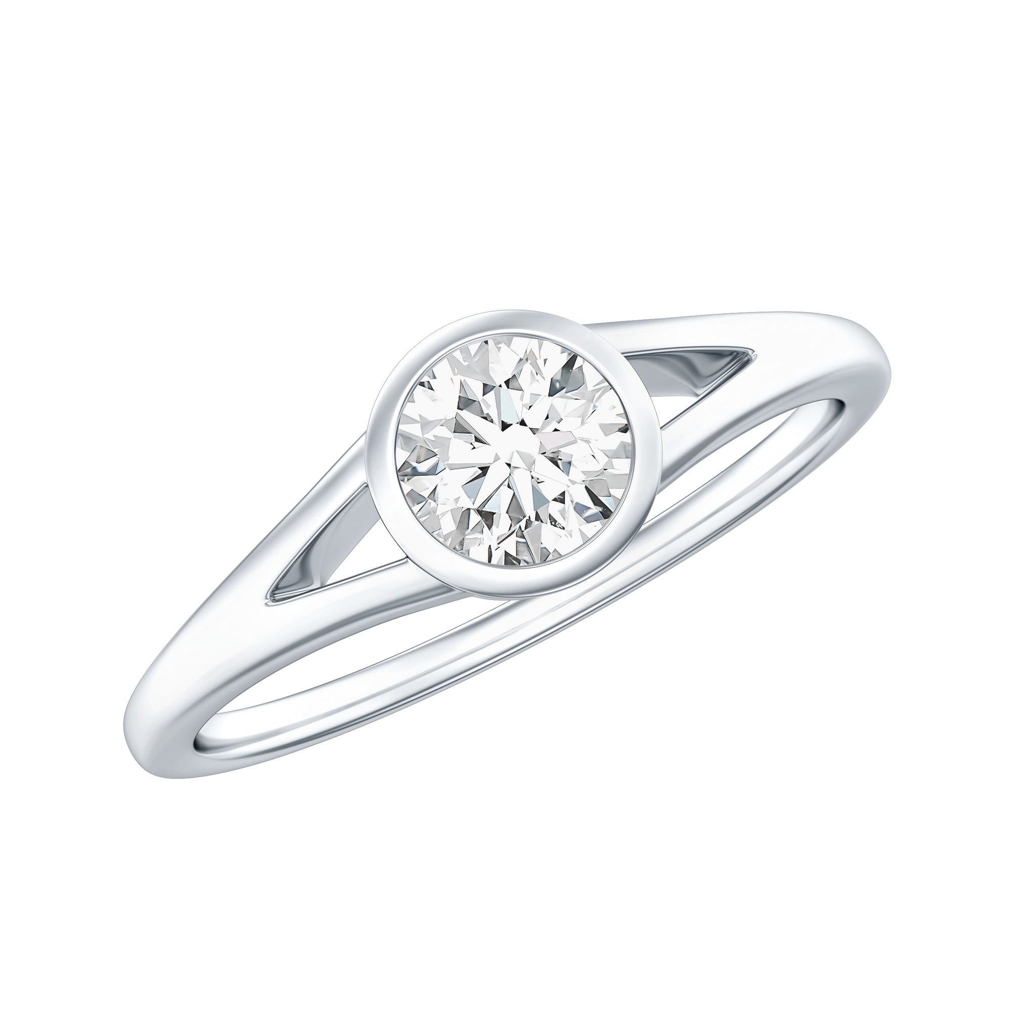Bezel Set Round Moissanite Solitaire Promise Ring in Split Shank