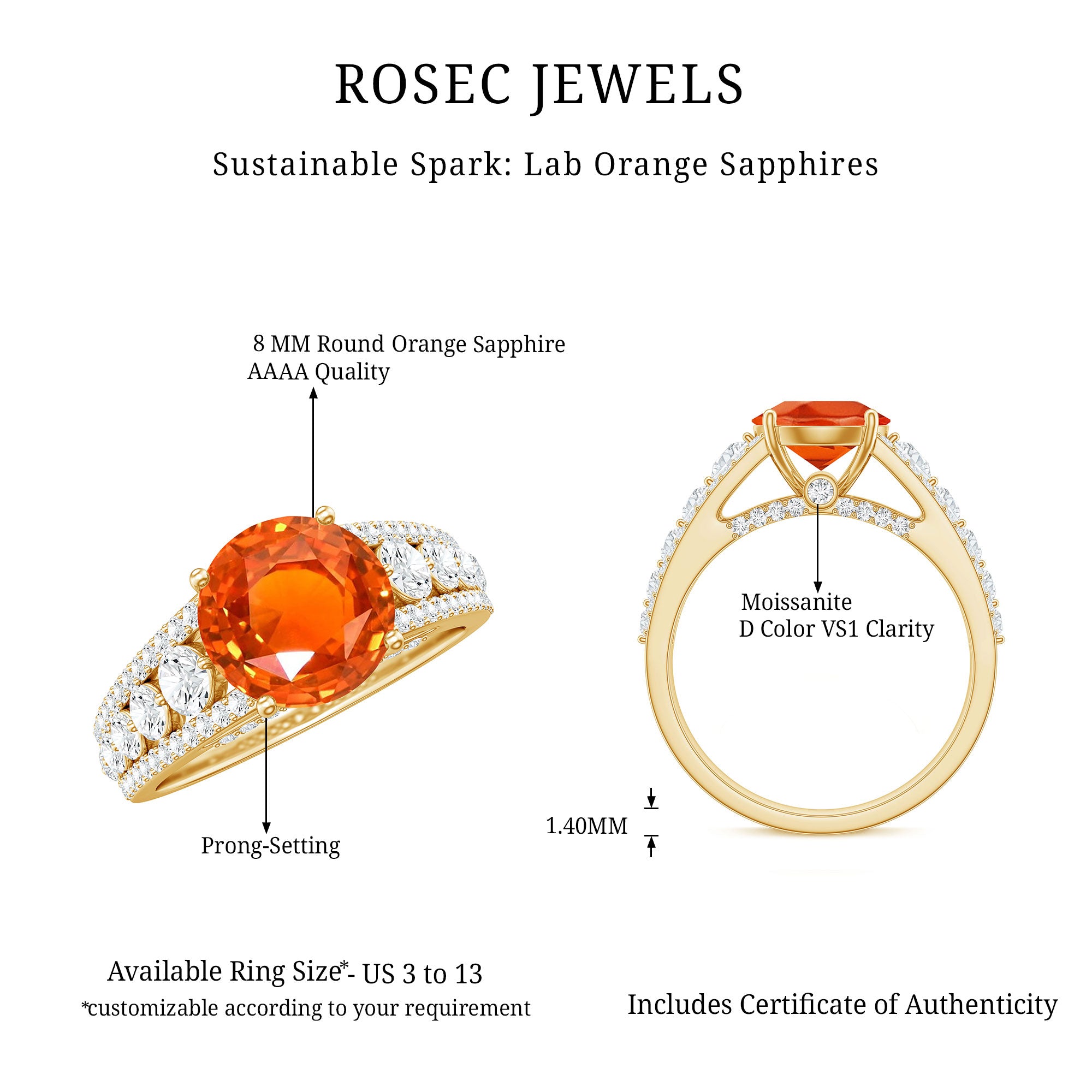 2.25 Carat Lab Grown Orange Sapphire Solitaire Engagement Ring with Side Stones AAAA - Rosec Jewels
