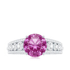 Created Pink Sapphire Engagement Ring with Moissanite Side Stones AAAA - Rosec Jewels