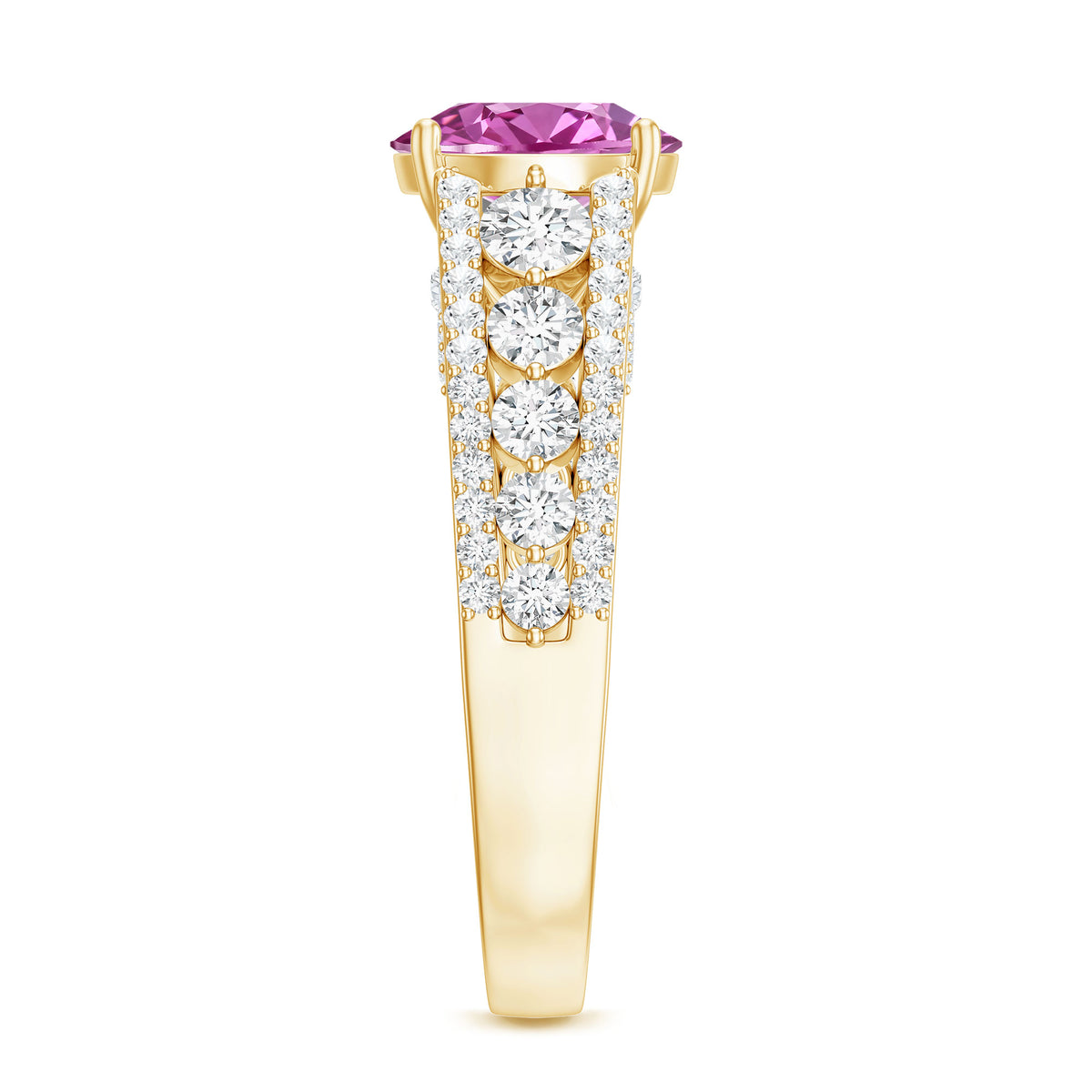 Created Pink Sapphire Engagement Ring with Moissanite Side Stones AAAA - Rosec Jewels