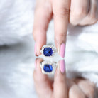 Certified 6.75 Carat Asscher Cut Lab Grown Blue Sapphire Engagement Ring with Diamond Halo AAAA - Rosec Jewels