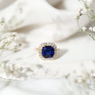 Certified 6.75 Carat Asscher Cut Lab Grown Blue Sapphire Engagement Ring with Diamond Halo AAAA - Rosec Jewels