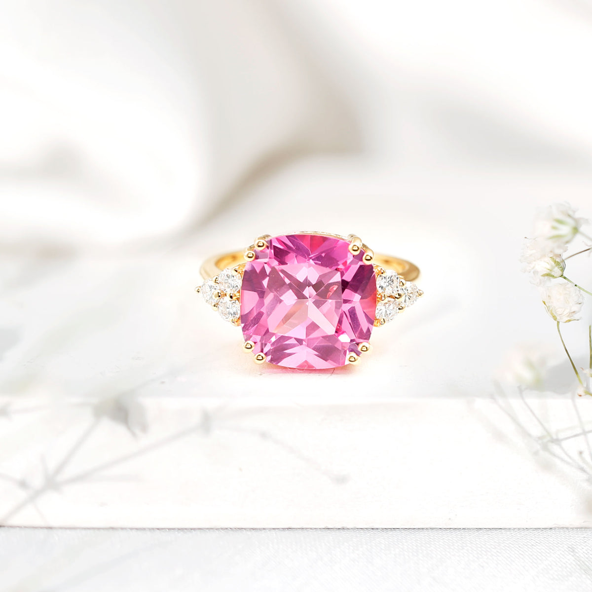 Lab Grown Pink Sapphire Solitaire Engagement Ring with Diamond Trio AAAA - Rosec Jewels