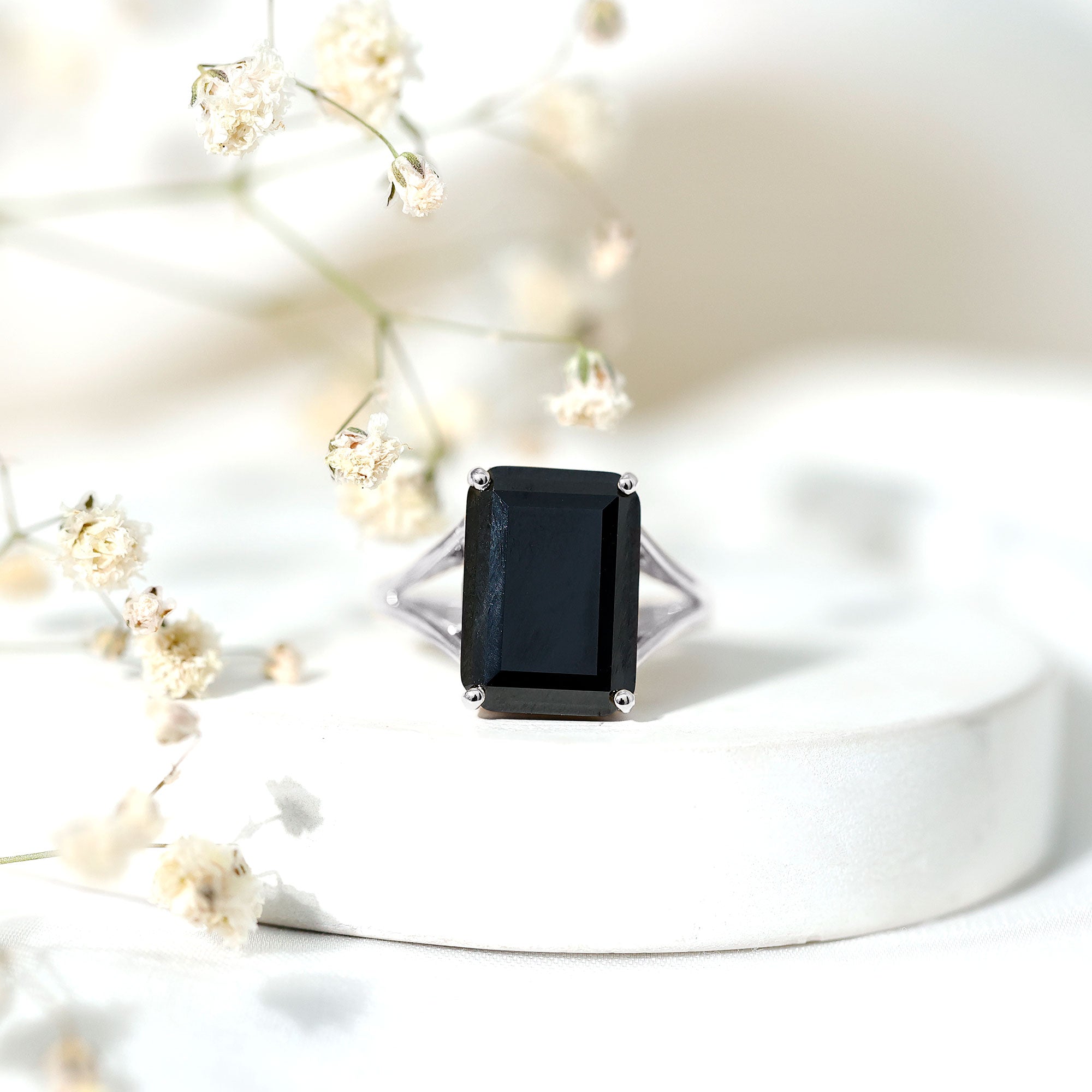 9 Carat Solitaire Lab Grown Black Diamond Emerald Cut Engagement Ring AAAA ( Synthetic ) - Rosec Jewels