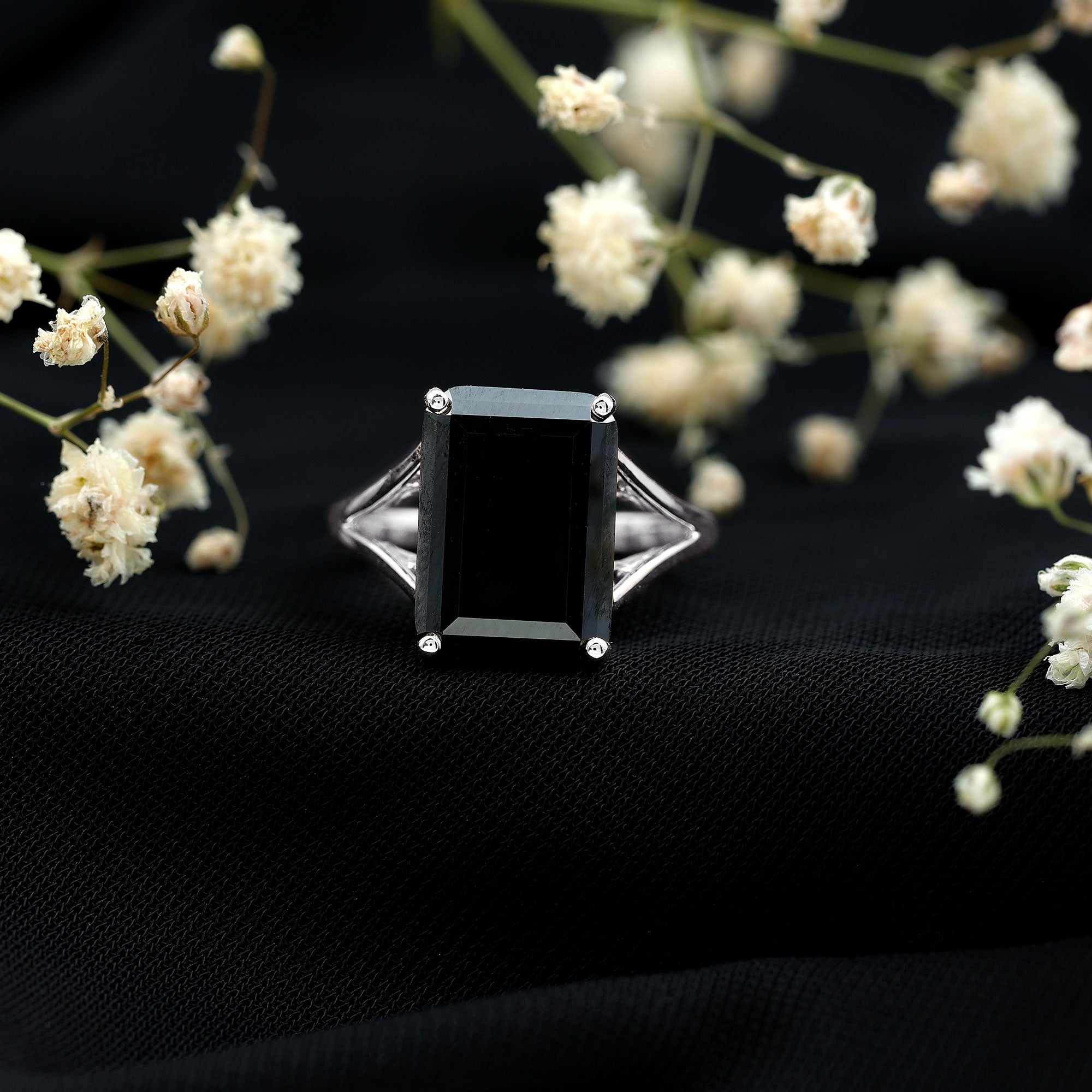 9 Carat Solitaire Lab Grown Black Diamond Emerald Cut Engagement Ring AAAA ( Synthetic ) - Rosec Jewels