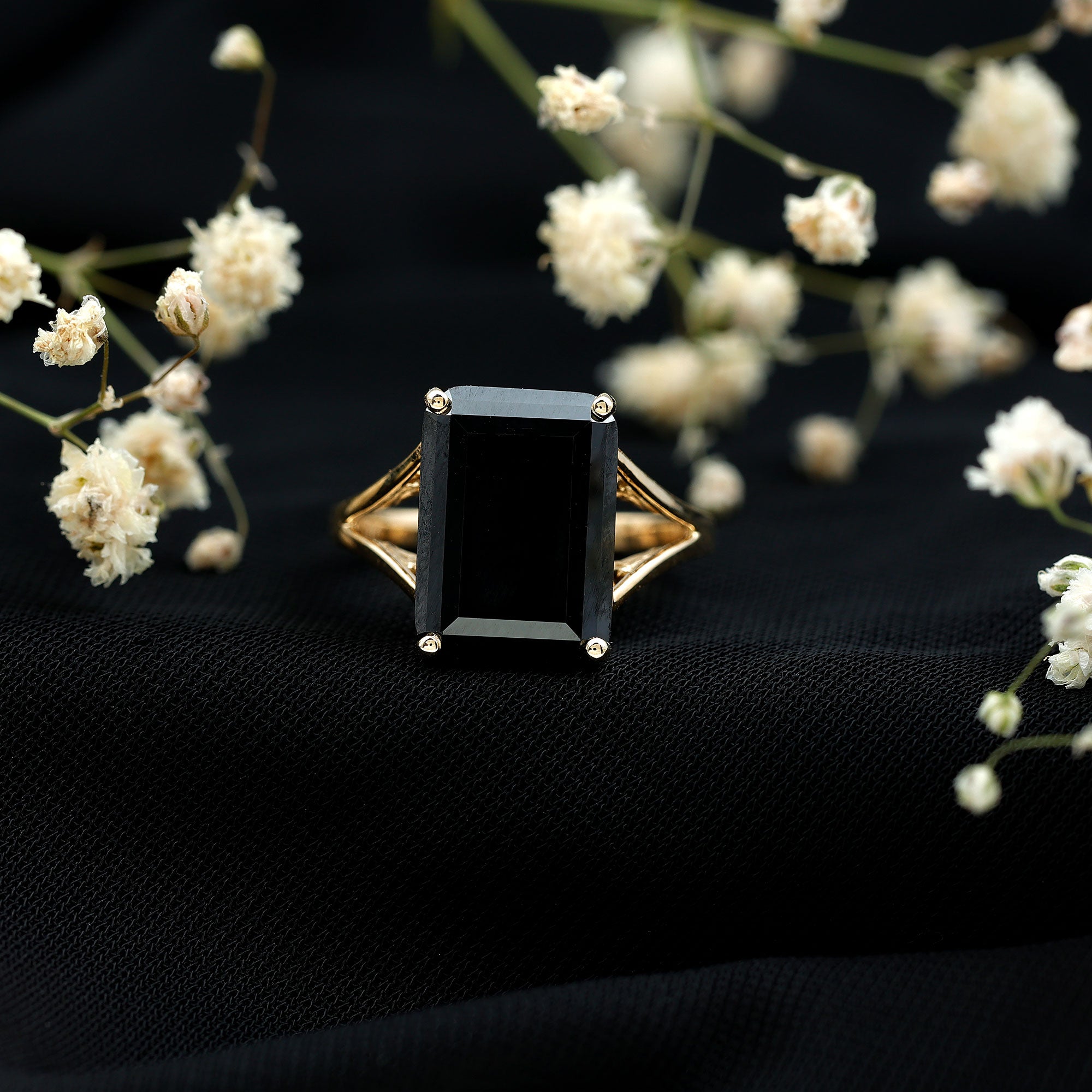 9 Carat Solitaire Lab Grown Black Diamond Emerald Cut Engagement Ring AAAA ( Synthetic ) - Rosec Jewels