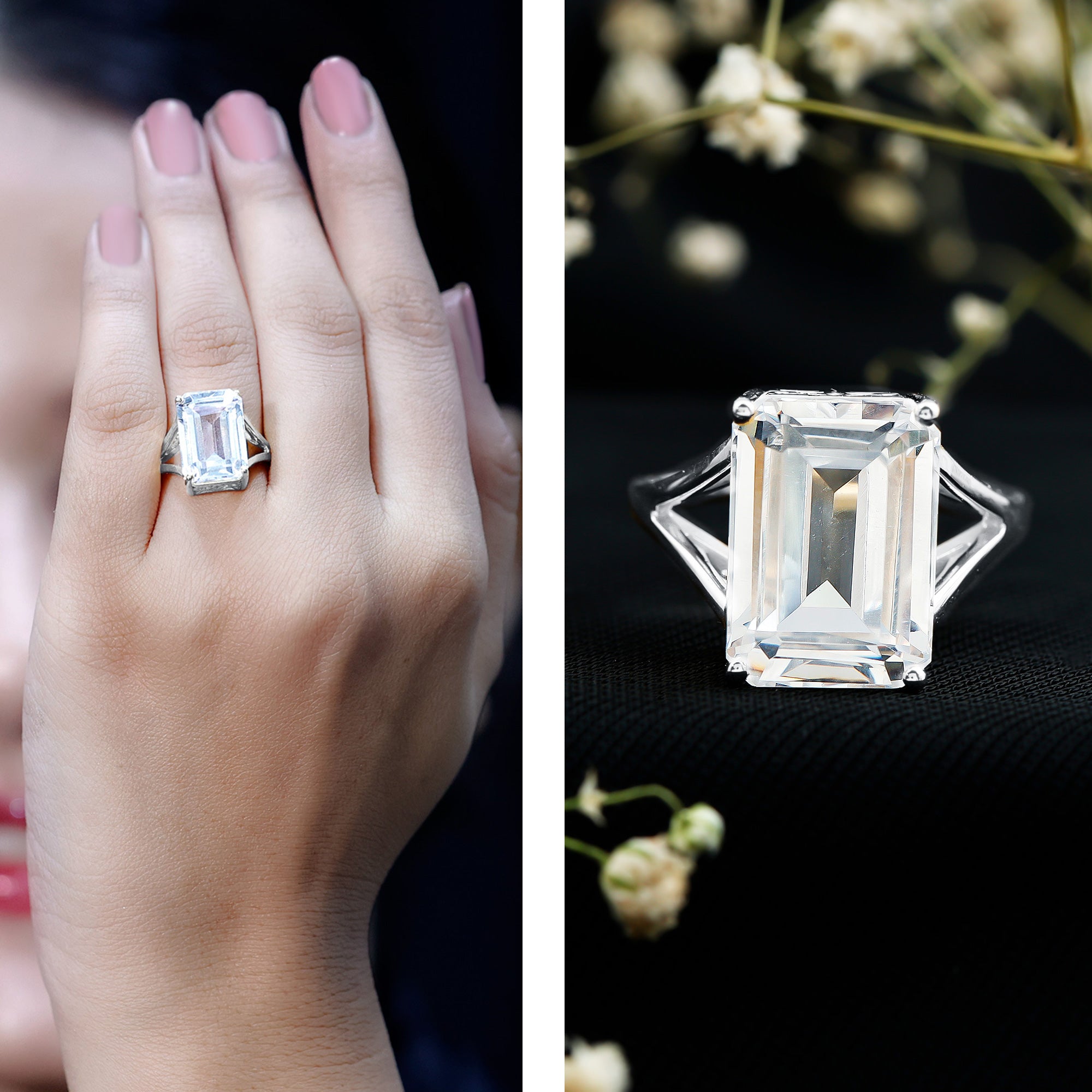 Certified 10X14 MM Emerald Cut Moissanite Engagement Ring for Women D-VS1 - Rosec Jewels