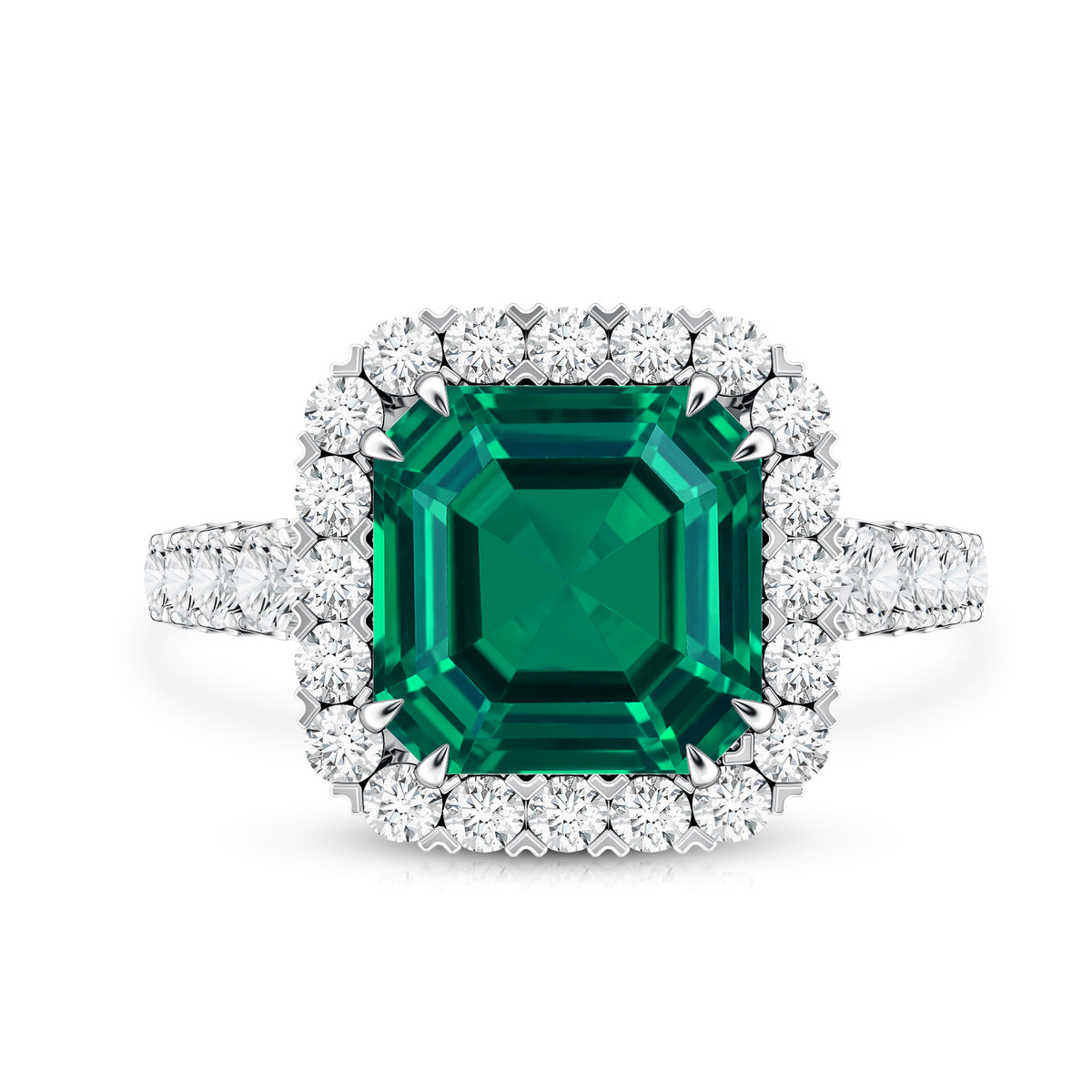 Rosec Jewels-2.5 Carat Lab Created Emerald Asscher Cut Engagement Ring with Halo