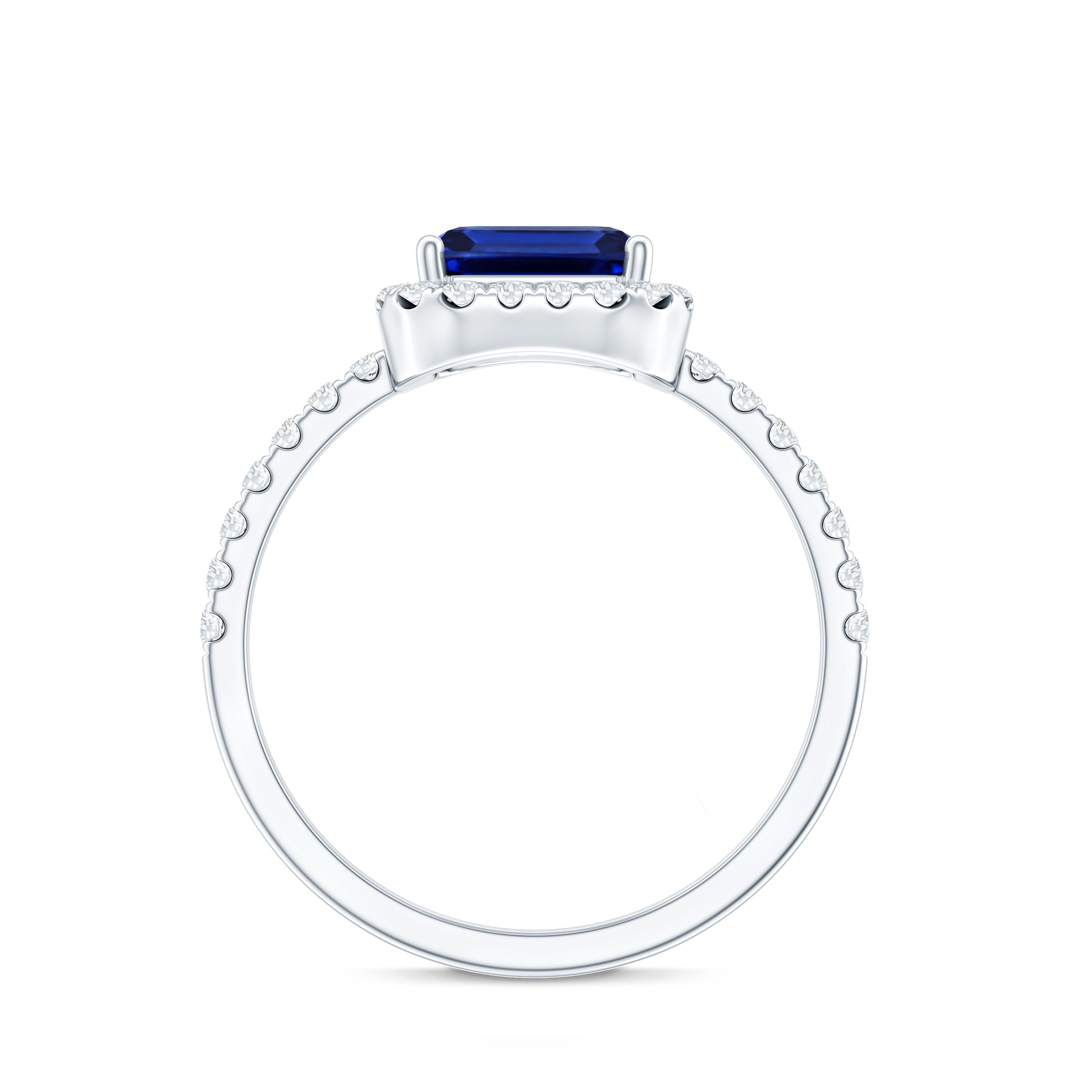 Certified 2.75 Carat Emerald Cut Lab Grown Blue Sapphire Engagement Ring with Diamond Halo AAAA - Rosec Jewels