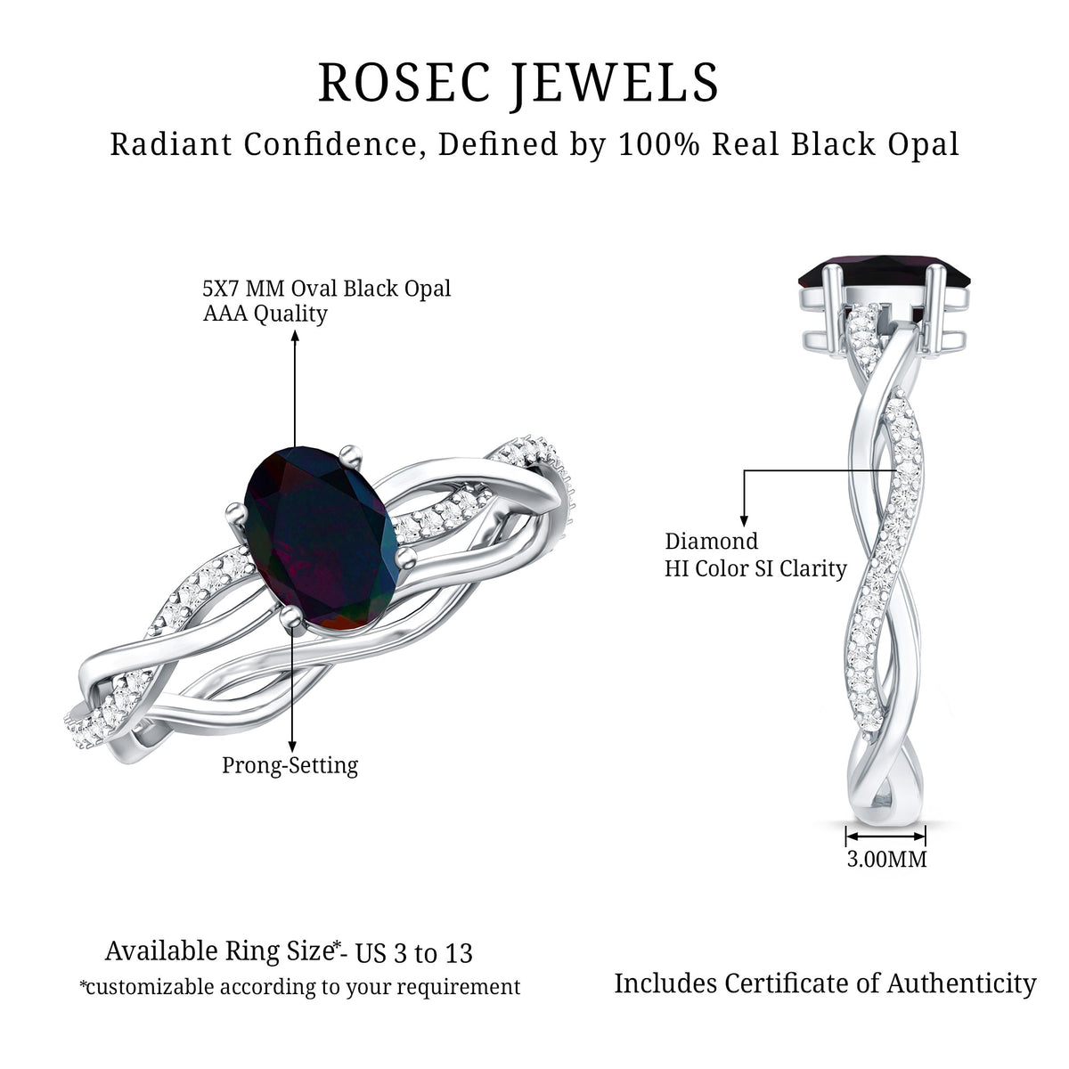 Oval Black Opal and Diamond Braided Engagement Ring AAA - Rosec Jewels