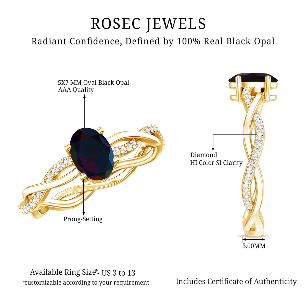 Oval Black Opal and Diamond Braided Engagement Ring AAA - Rosec Jewels