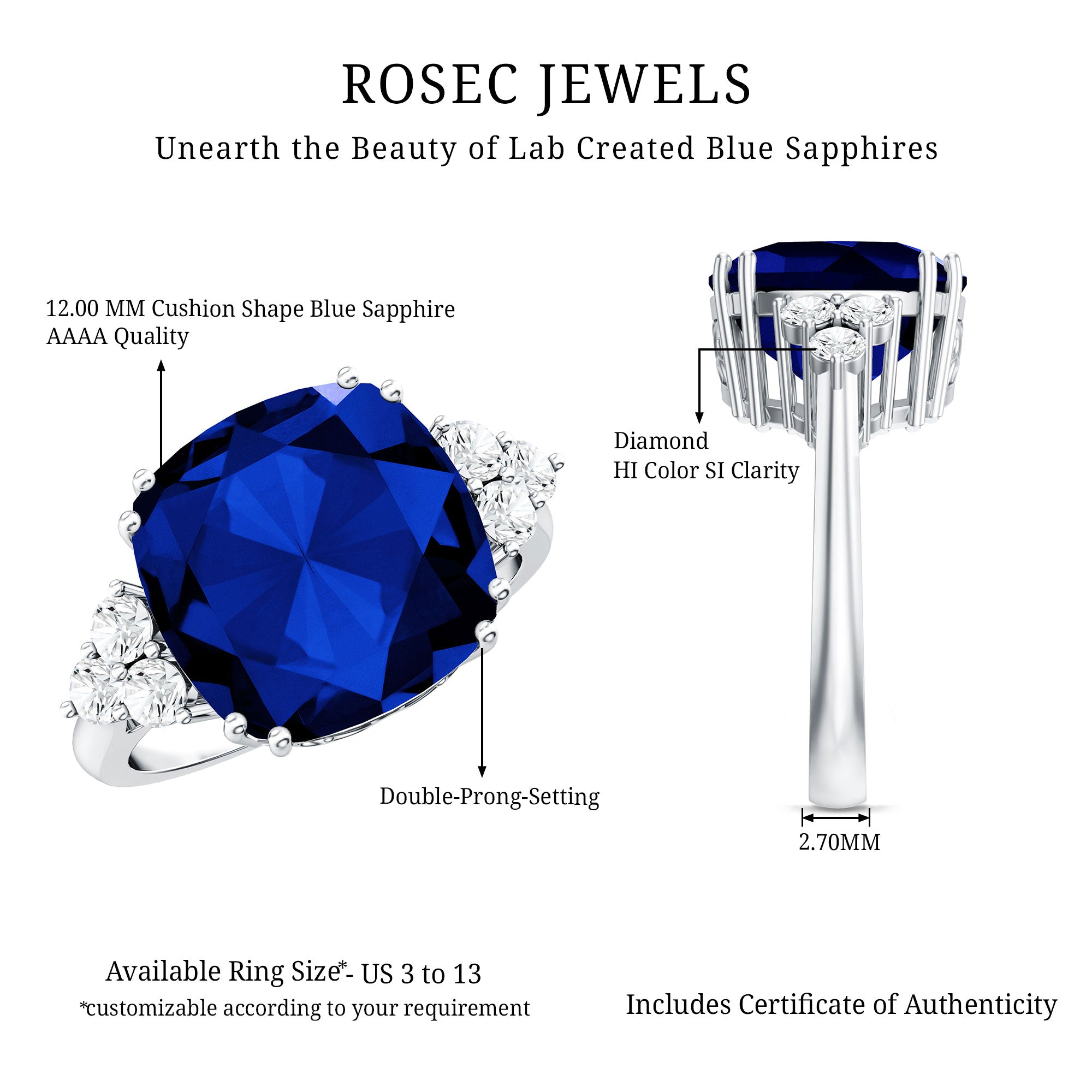 Certified 9 Carat Lab Grown Blue Sapphire Cushion Cut Engagement Ring with Diamond Trio AAAA - Rosec Jewels