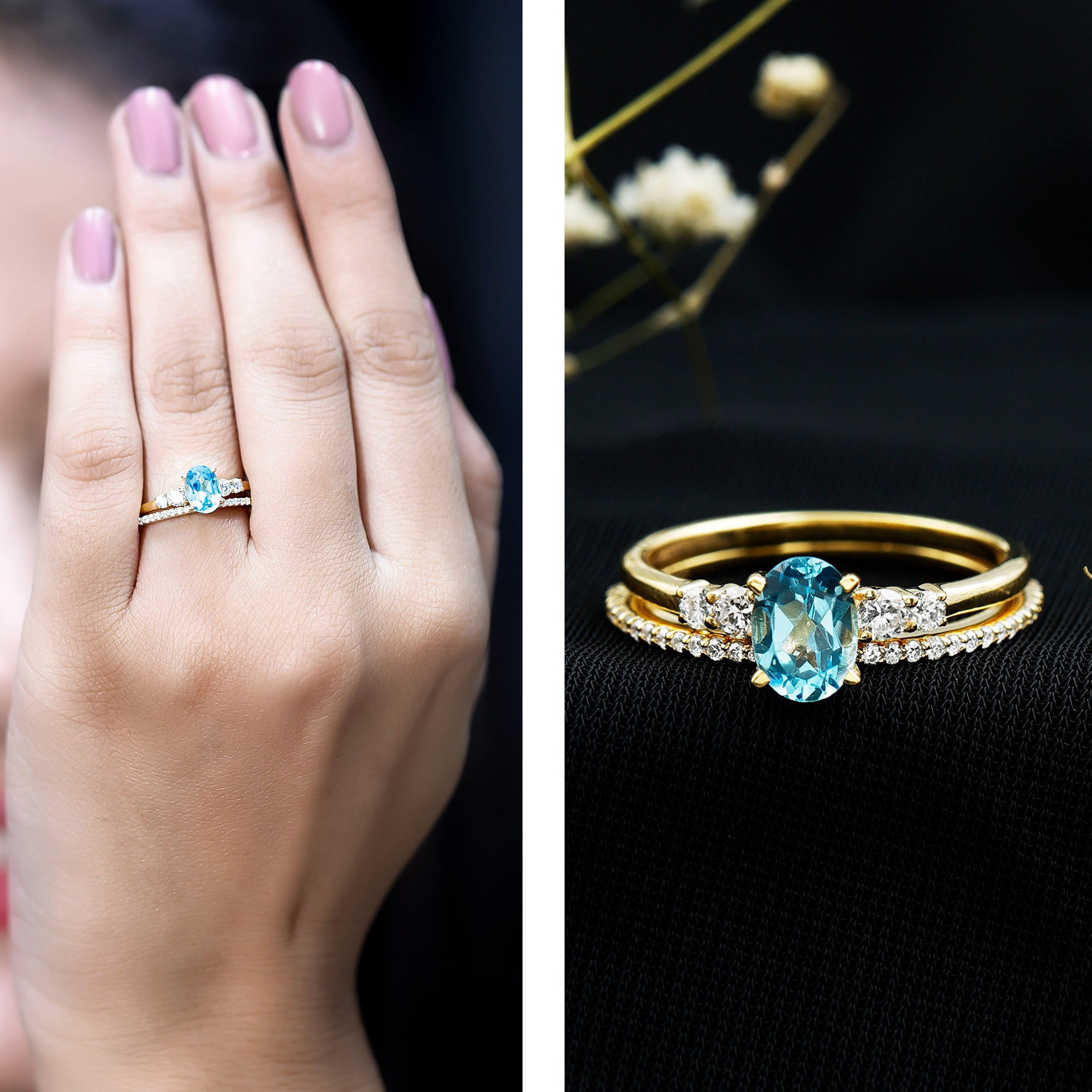 Rosec Jewels-Oval Swiss Blue Topaz Diamond Wedding Ring Set in Silver