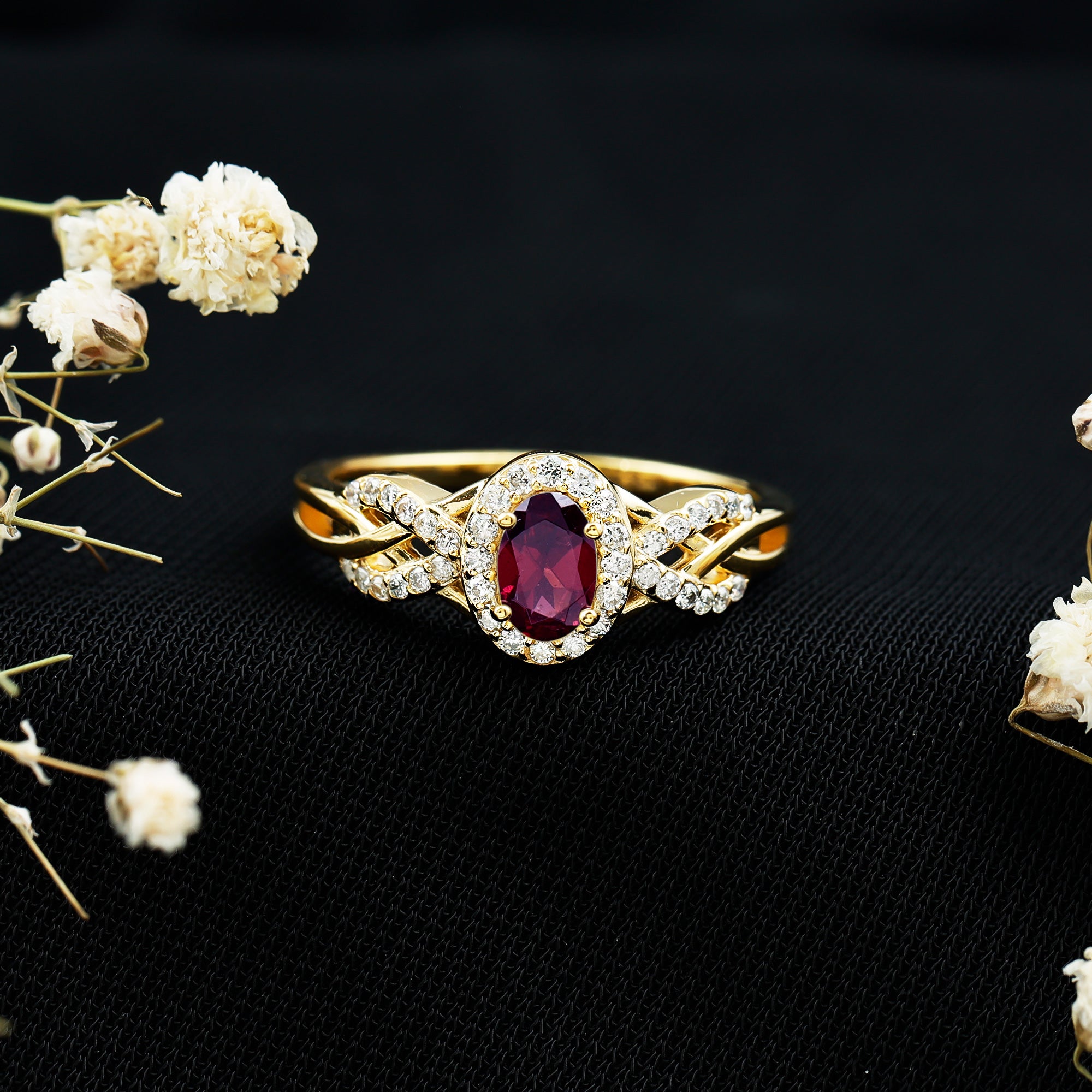 Rosec Jewels-Oval Rhodolite Garnet and Diamond Criss Cross Engagement Ring
