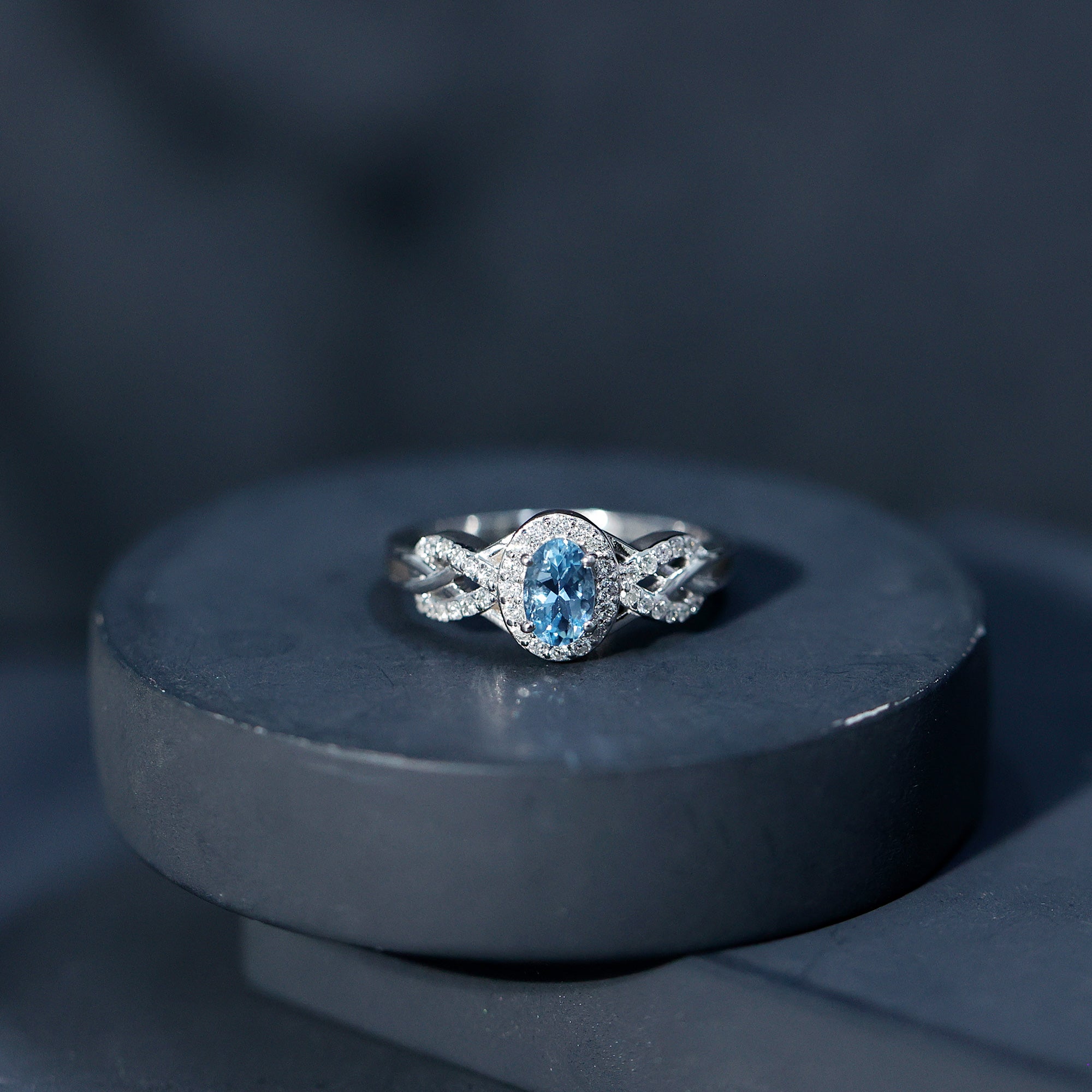 Rosec Jewels-Genuine Aquamarine and Diamond Designer Engagement Ring in Silver