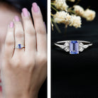 Rosec Jewels-Emerald Cut Tanzanite and Diamond Promise Ring in Silver