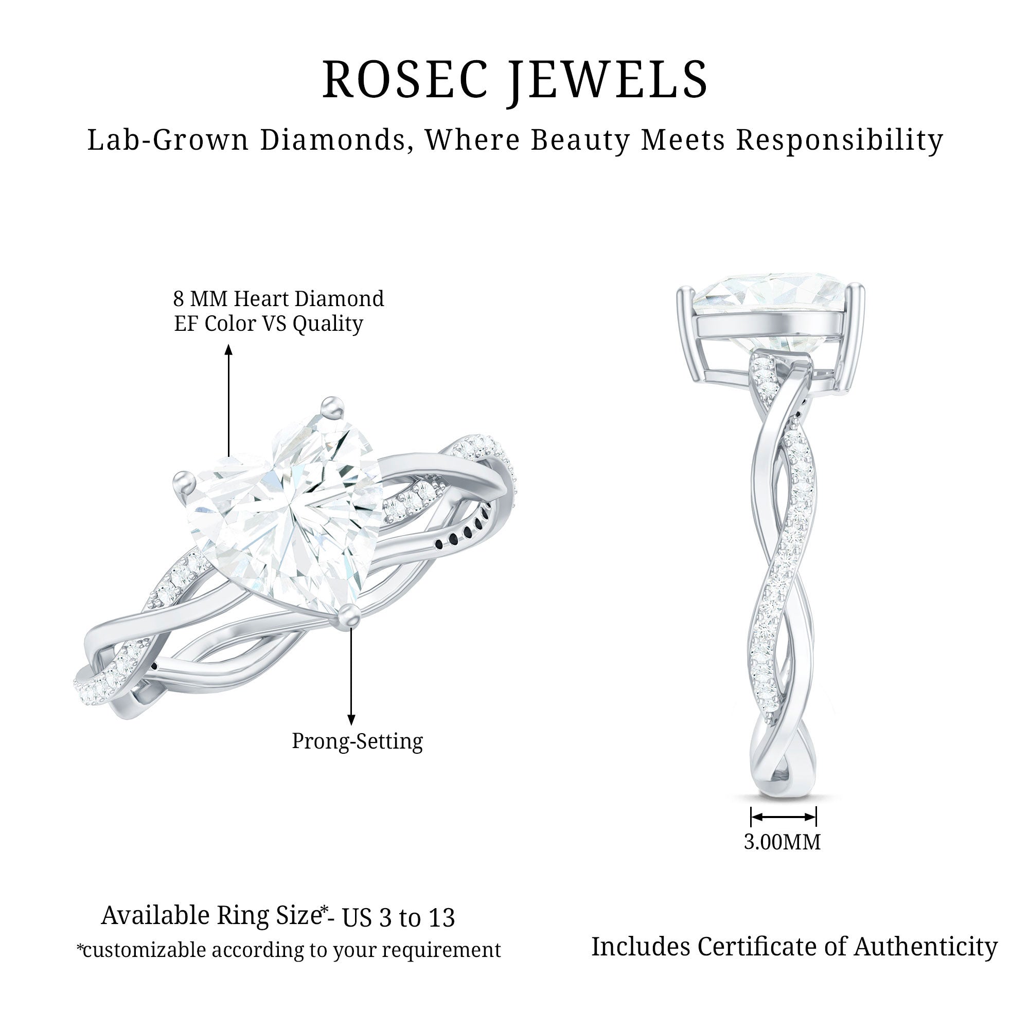 Rosec Jewels-Brilliant Cut Lab Grown Diamond Heart Shape Engagement Ring