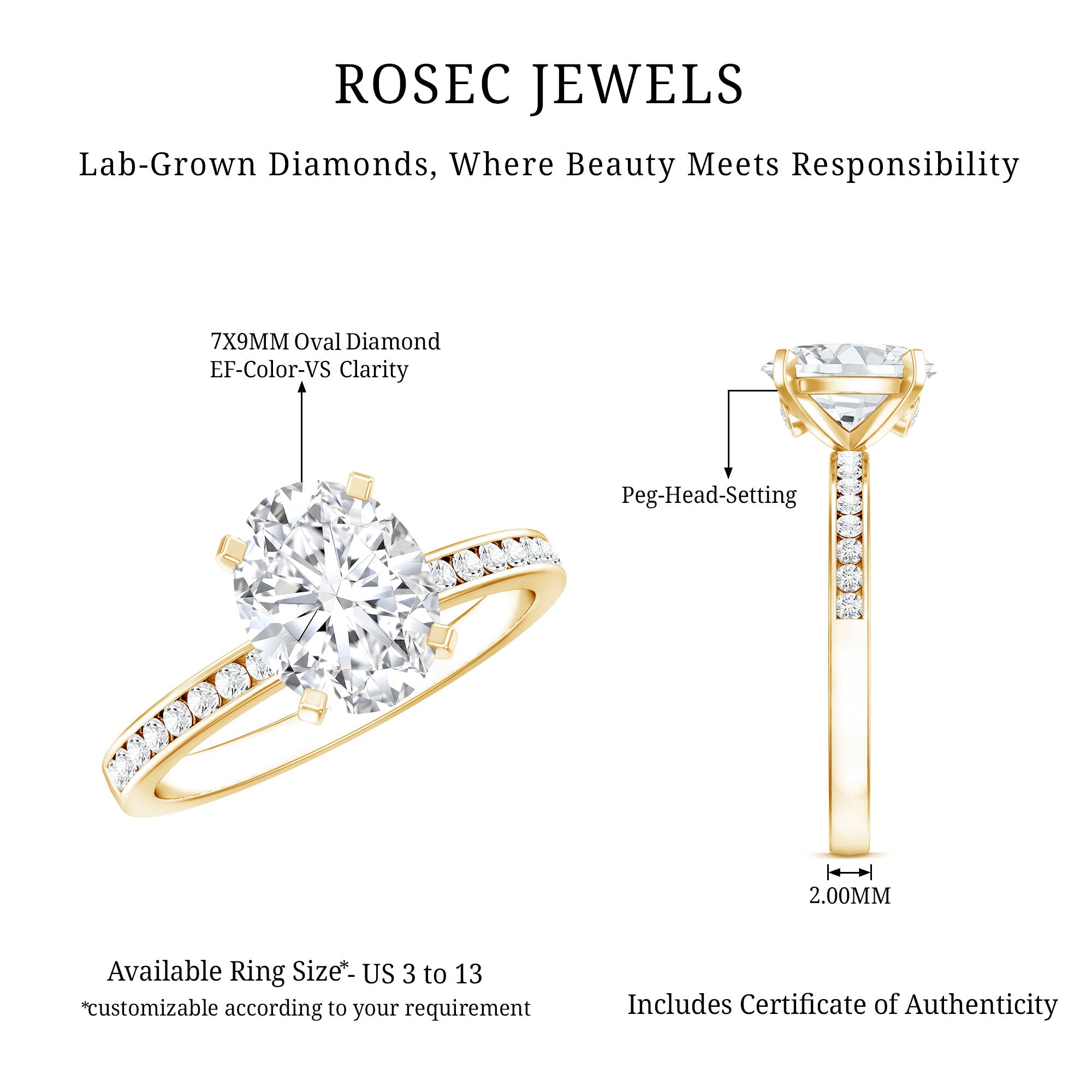 Certified 7X9 MM Lab Grown Diamond Oval Engagement Ring Lab - ( EF-VS ) - Rosec Jewels