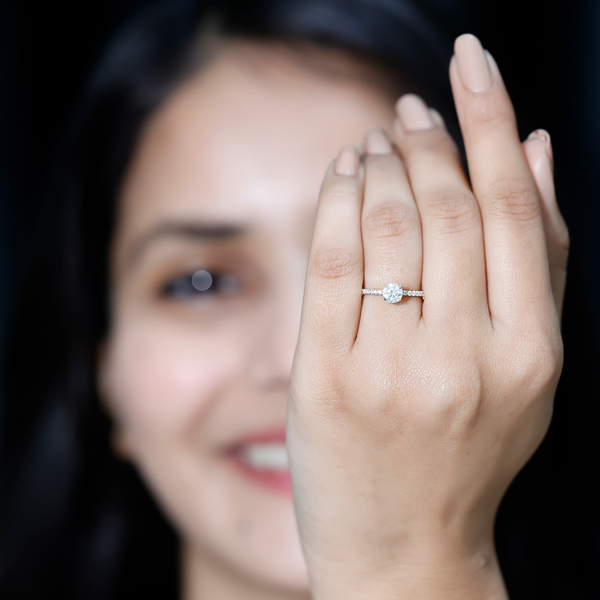 Rosec Jewels-Round Brilliant Cut Lab Grown Diamond Promise Ring with Side Stones