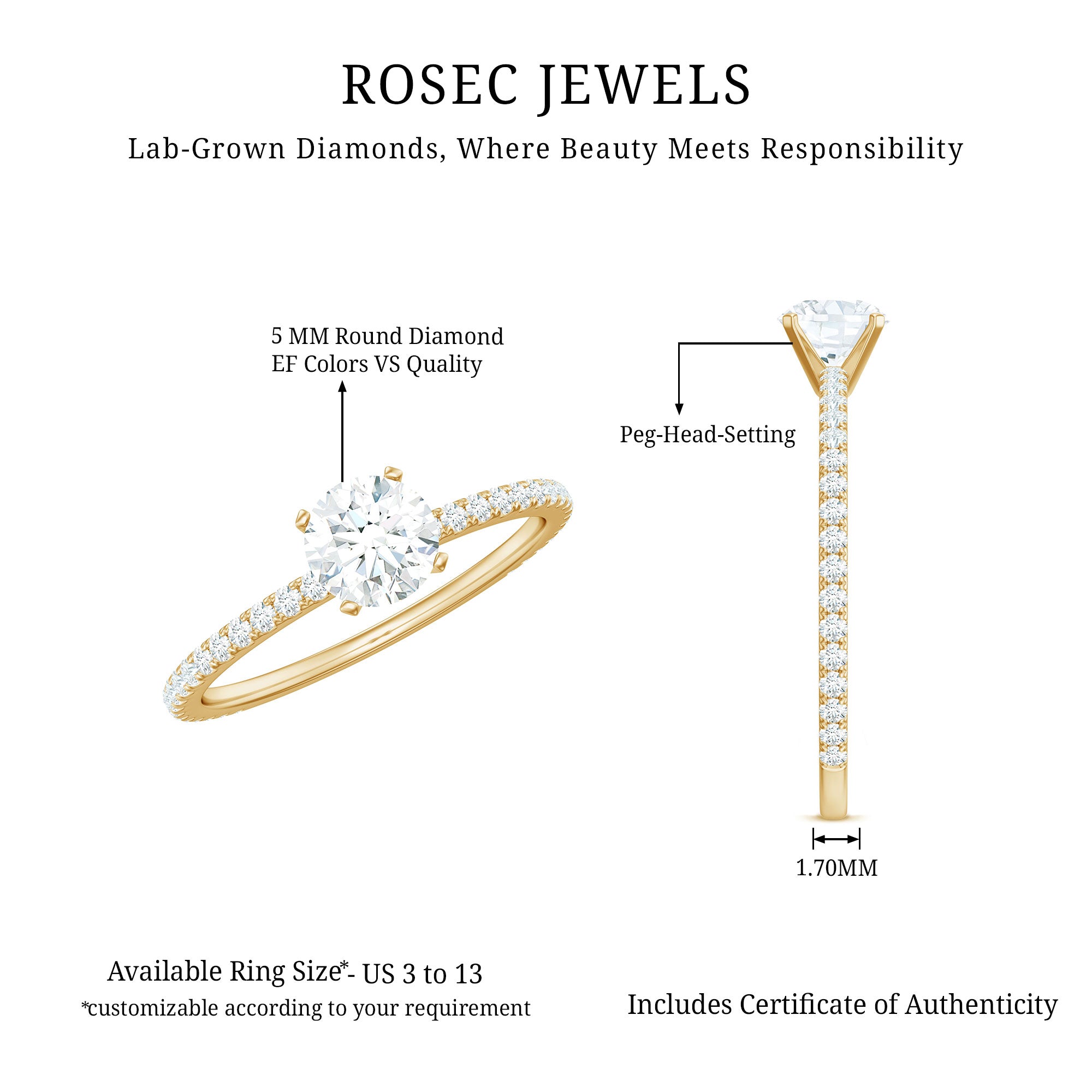 Rosec Jewels-Round Brilliant Cut Lab Grown Diamond Promise Ring with Side Stones