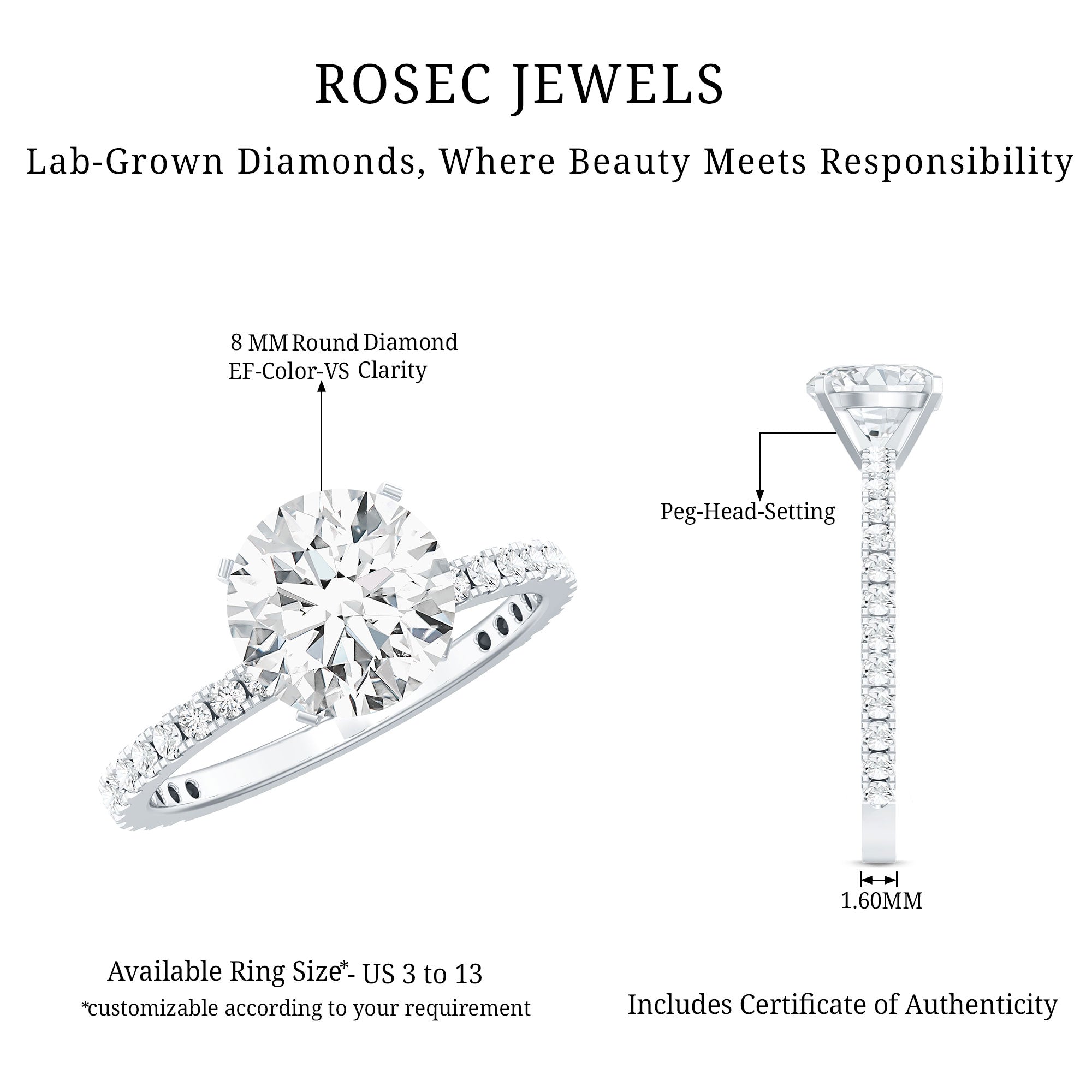 Rosec Jewels-Brilliant Cut 2 Carat Lab Grown Diamond Solitaire Engagement Ring